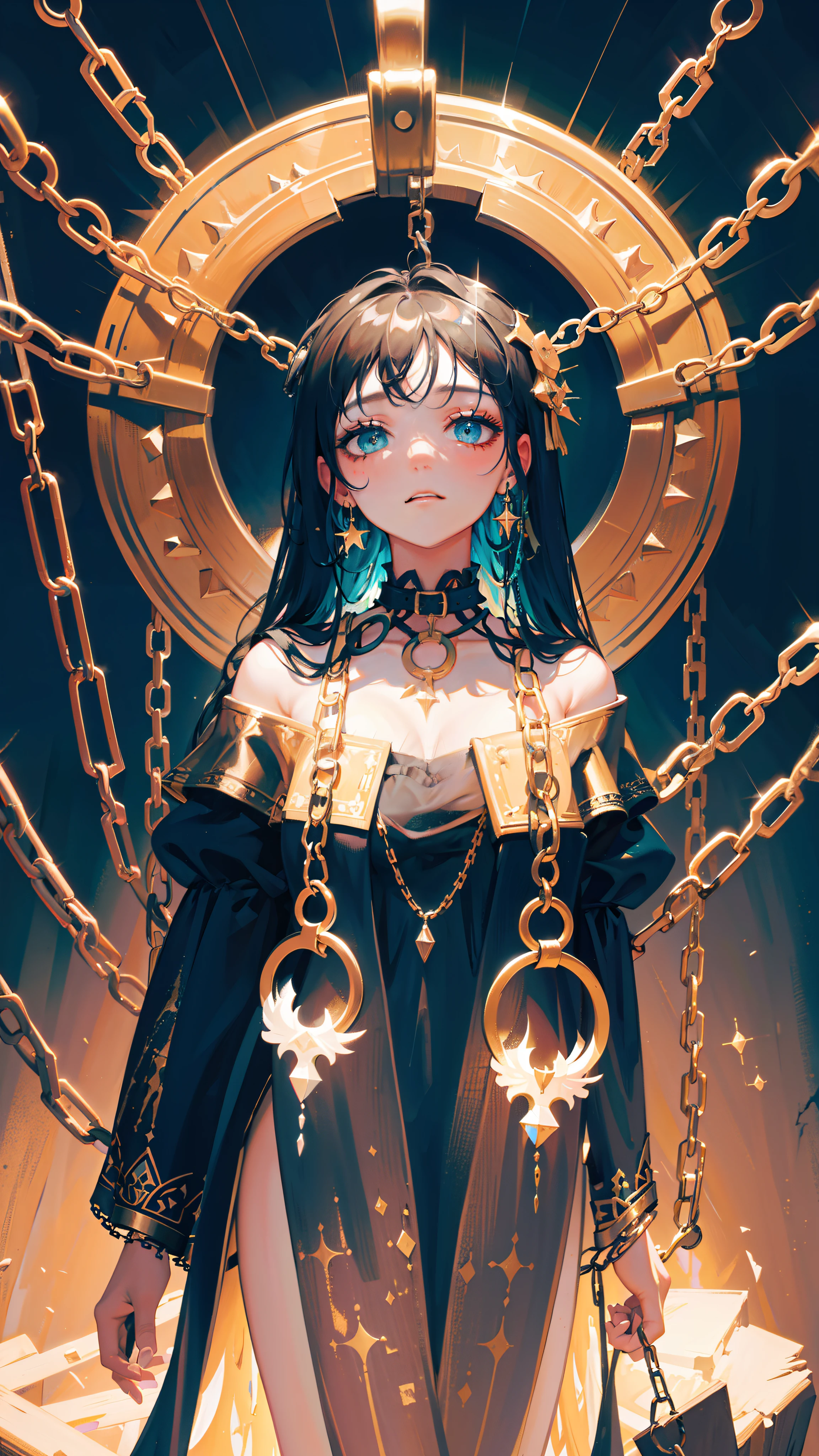 High quality. High details. 8K. Hanged woman reversed. Chains around neck. Falling down. Drown. Melting makeup. Crackled skin. Klimt. Esoteric.