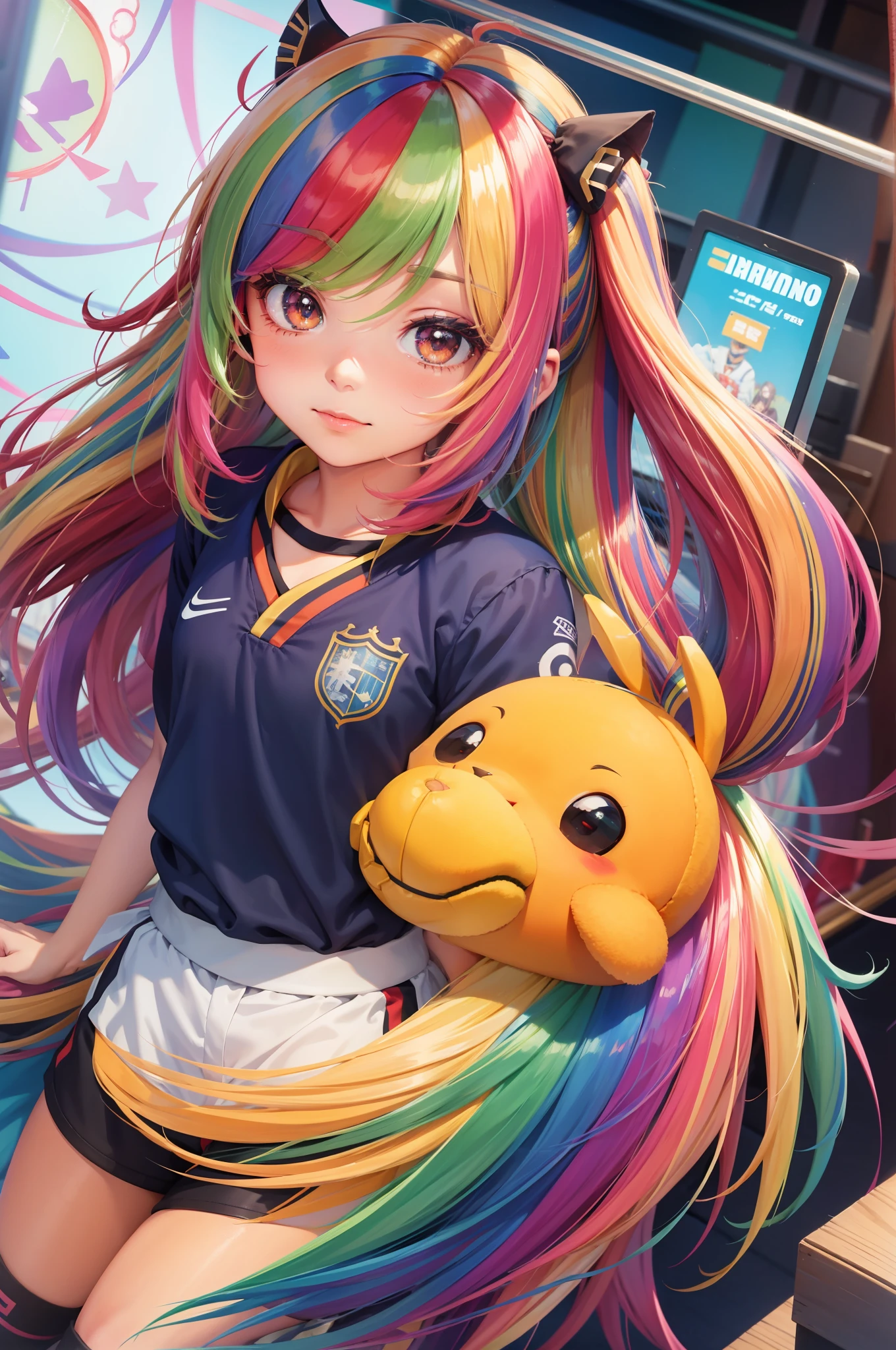 Menina anime, uniforme de futebol, rainbow hair