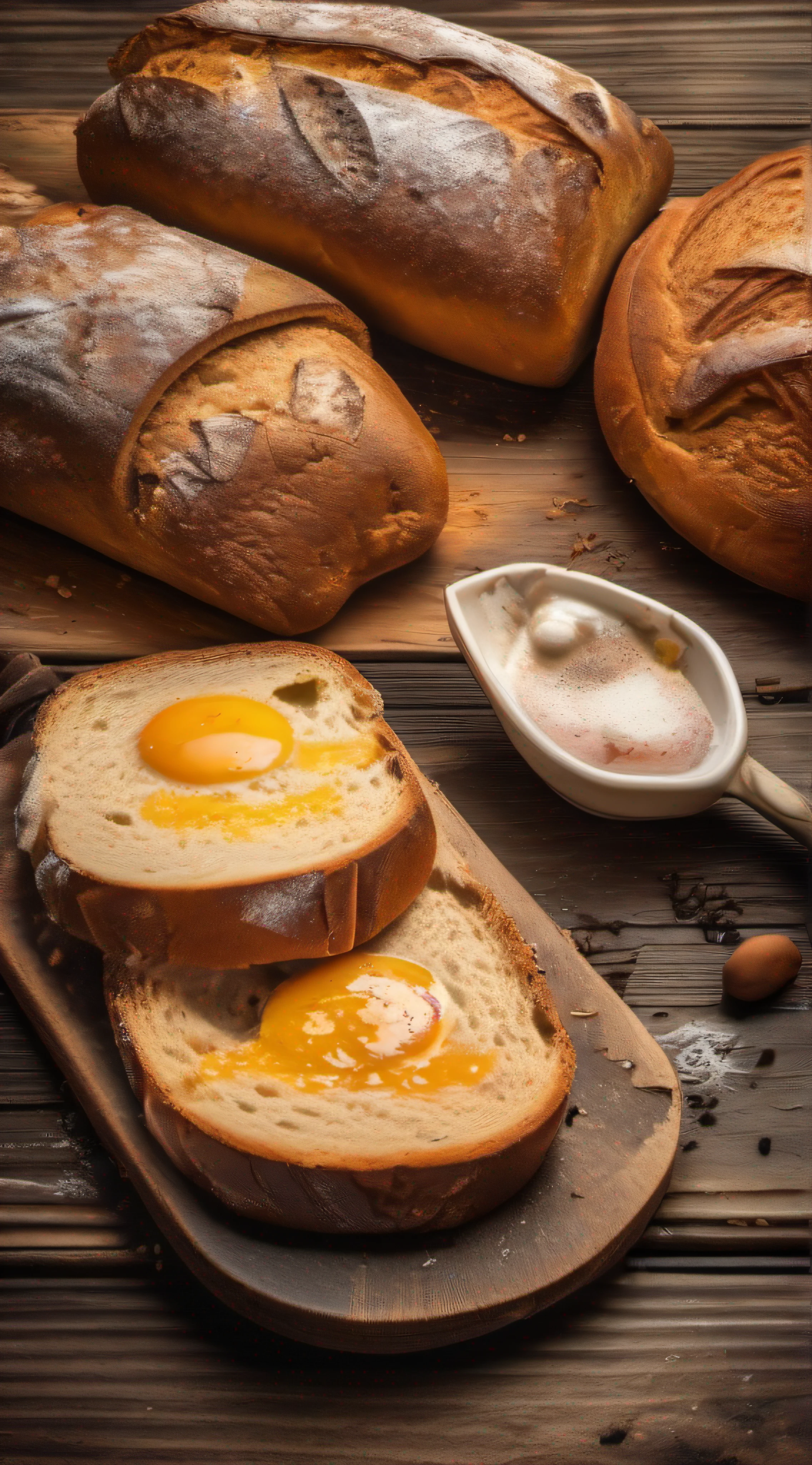 juicy broken bread, Coming out smoke on beautiful rustic wooden table with a delicious ultra detailed breakfast, Photo Realísitco, foto promocional, hdr, adobe lightroom