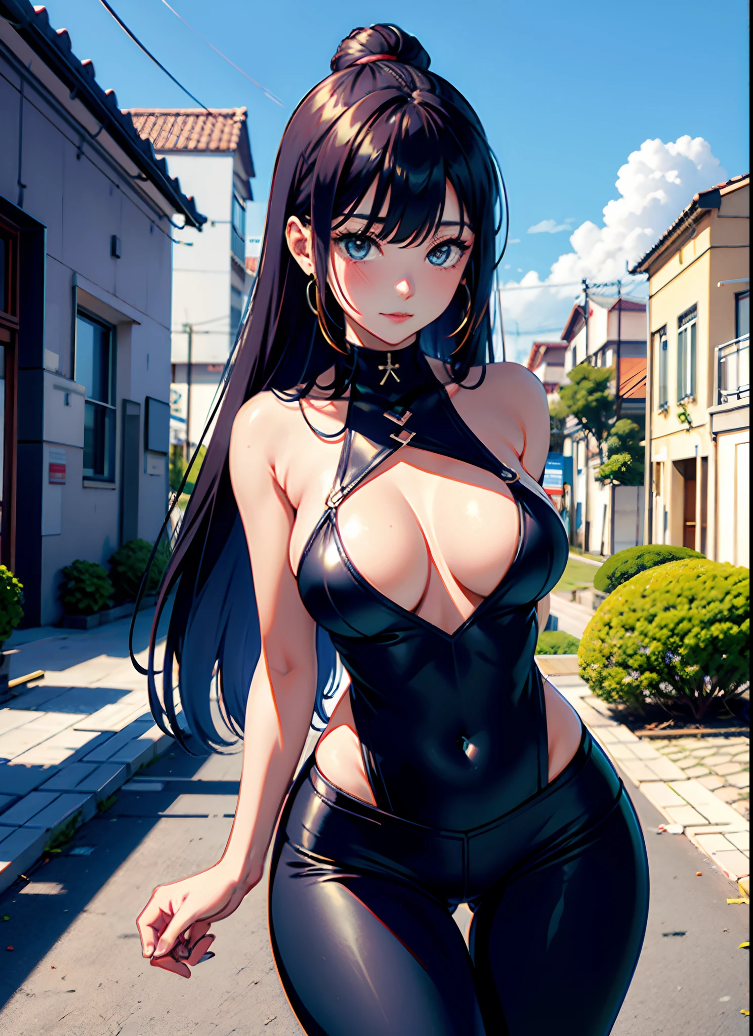 , Hinata, hyuuga Hinata, cocar de empregada, leggings brancas,
 (Seios enormes:1.2,) parte superior do corpo, Fundo, camelo, Calcinha Branca,
 jewelries, hands on the chest, transparent, Olhando para o Viewer, ornamento de cabelo, Gargantilha, Shy,
 (master part, qualidade superior, best quality, Arte Oficial, Beautiful and Aesthetic: 1.2), (1 girl), extremamente detalhado, colorido, Mais detalhado,
 cidade, Rua, declive, PAREDE, sol, Cloud,