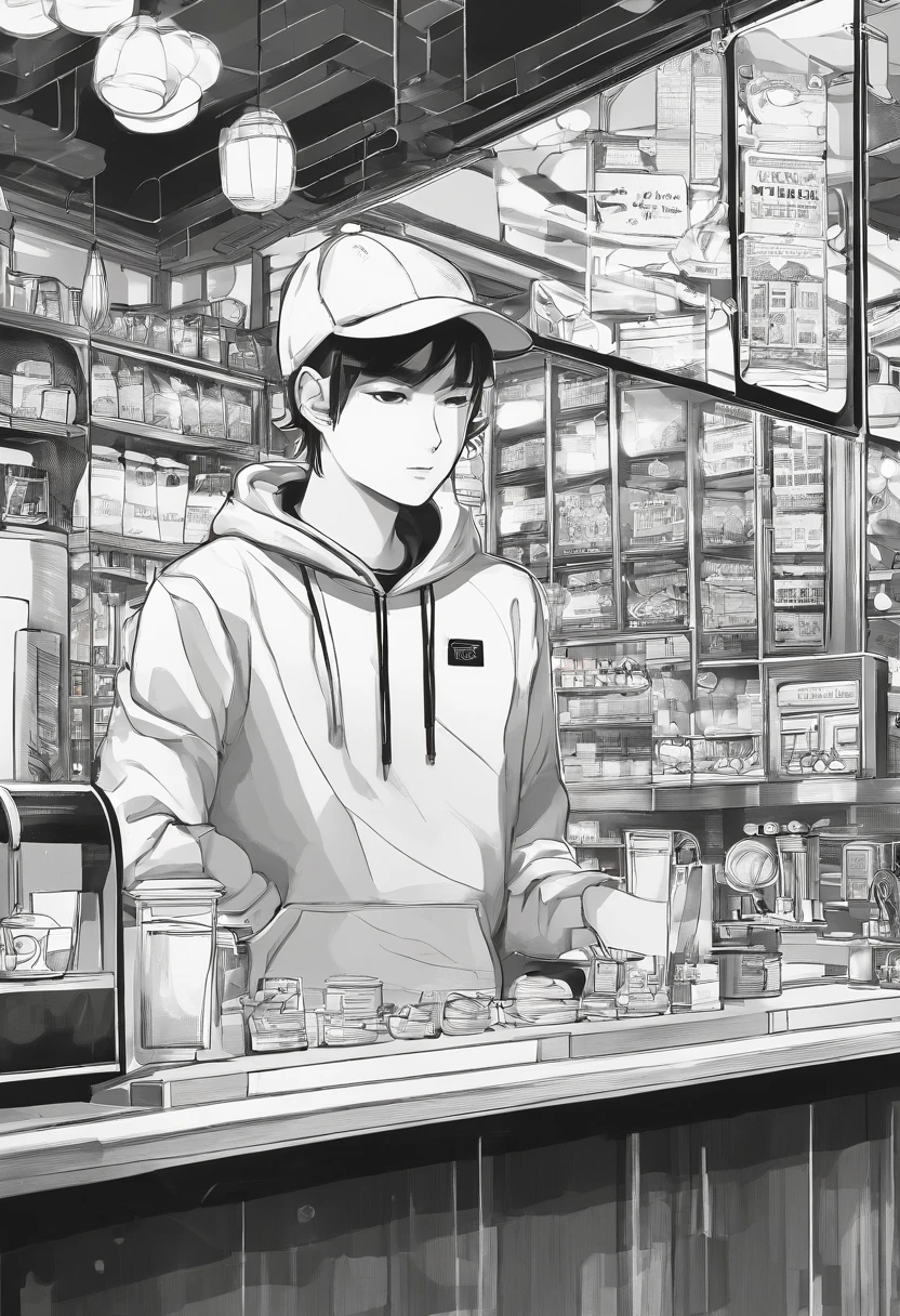 Boy in sweatshirt and baseball cap, buying coffee at a coffee shop, talking to bartender, conversation bubbles, black and white manga