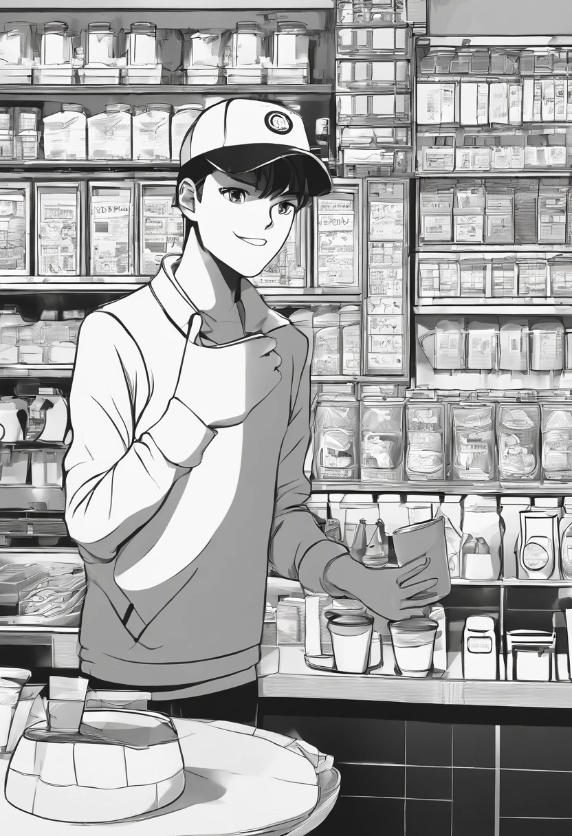Boy in sweatshirt and baseball cap, buying coffee at a coffee shop, talking to bartender, conversation bubbles, black and white manga