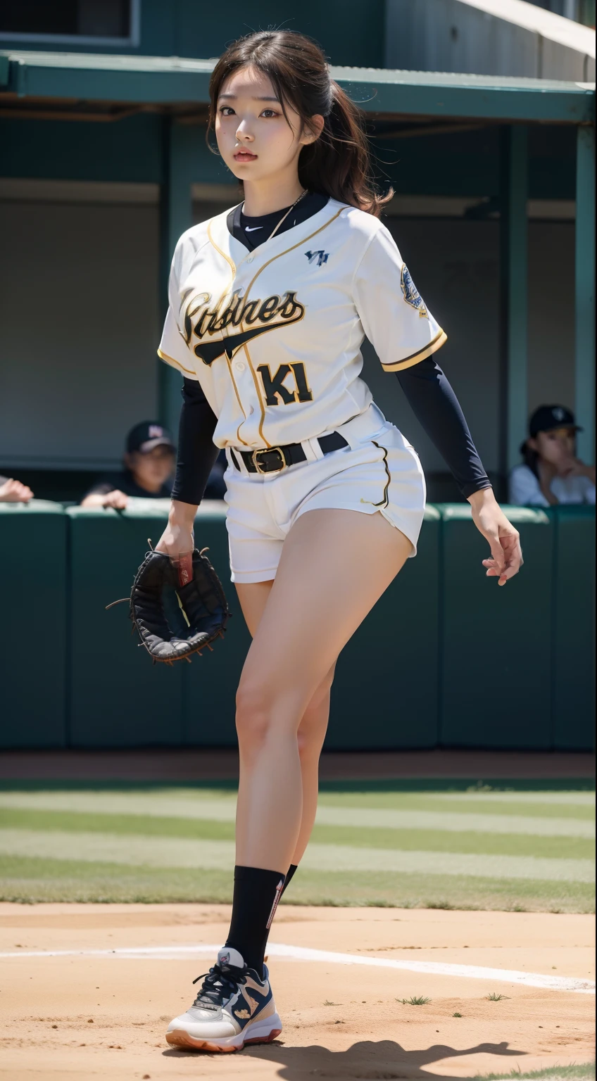 ((8k:1.27), best quality, masterpiece, golden ratio, ultra highres:1.2) Photo of cute idol girl (beautiful:1.1) (sci-fi warrior woman:1.1), cute japanese girl, 18 years old, fantasy, detailed, sport photography, nikon camera, depth of field, medium hair, dark brown hair, wavy hair, solo girl, 1 girl, baseball uniform, big breast: 1.5, rounded breast, chubby body, full body photography, baseball shoes, use baseball gloves, baseball pitcher