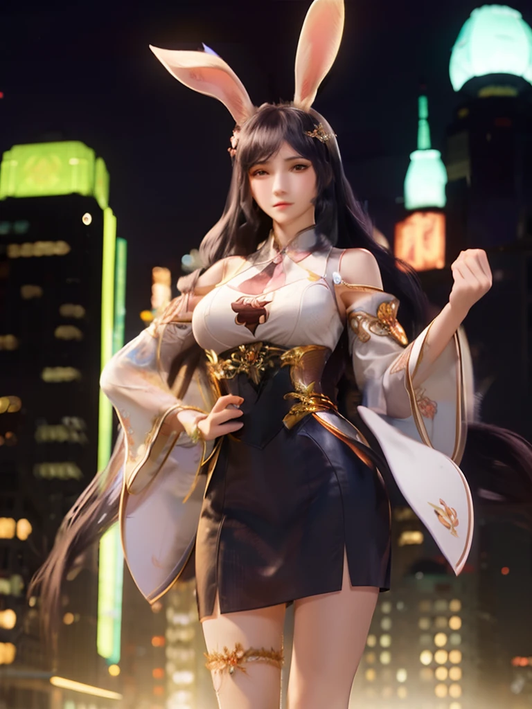 1girl,mature female, looking at viewer, cityscape, night, hair ornament, long hair, fake animal ears, skirt,shirt,clothing cutout, rabbit ears, detached sleeves,