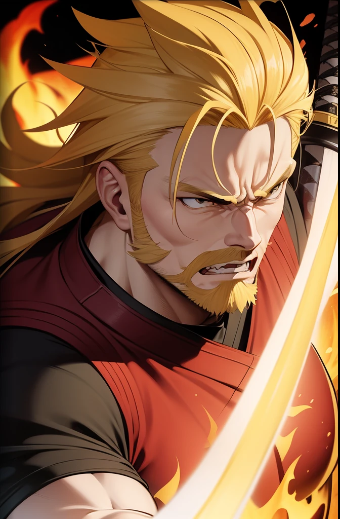 strong man, blond hair, blond goatee, holding a katana, Demon slayer art style, vinland saga art style serious look, fire breathing, wearing a red haori all over his body , the katana is on fire because of the fire breathing