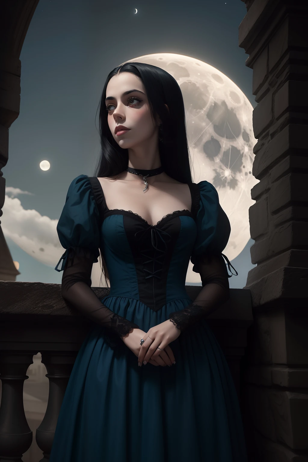 vampira jovem, 19 anos, pintora, parecida com oona chaplin. Looking towards the Moon. wears blue dress 18th century. darkeness, muitas sombras, gothic scenario.