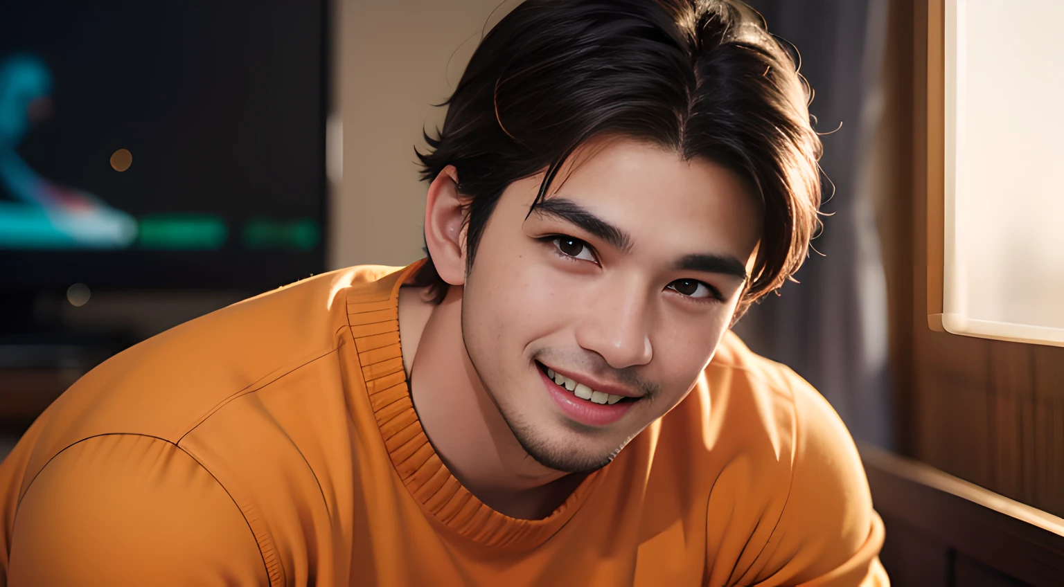 ((Men only)), ((head shot)), (mexican Handsome muscular man in his 20s), ((wearing orange clothes)), (showing his nitted sweater), (big smile), (big mouth), (detaile: 1 in 1), Natural muscles, HIG quality, beautidful eyes, (Detailed face and eyes), (Face、: 1 / 2), Noise, Real Photographics、... ...................................................................................................................PSD, Sharp Focus, High resolution 8K, realisitic & Professional Photography, 8K UHD, Soft lighting, High quality, Film grain, FujifilmXT3