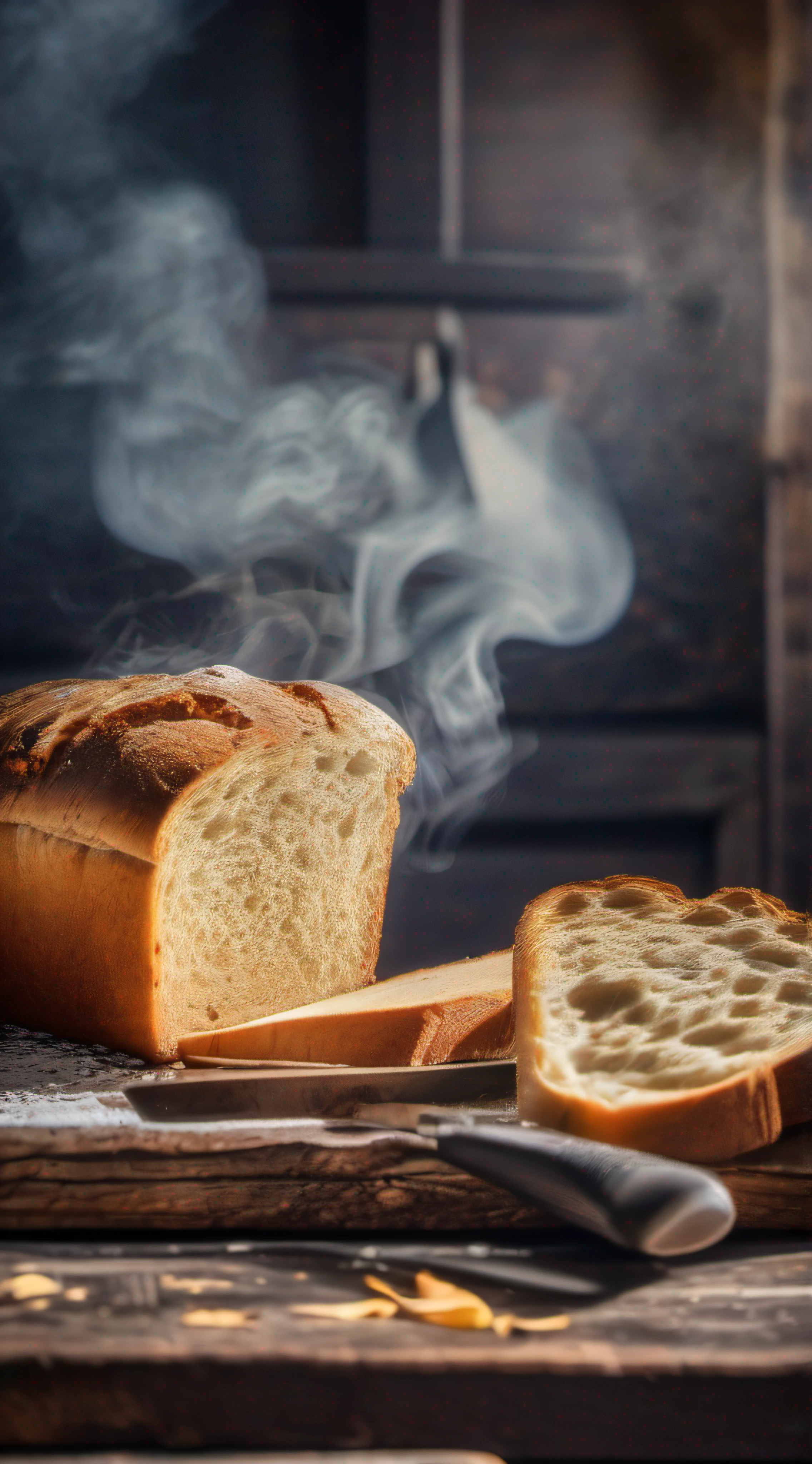 juicy broken bread, Coming out smoke on beautiful rustic wooden table with a delicious ultra detailed breakfast, Photo Realísitco, foto promocional, hdr, adobe lightroom