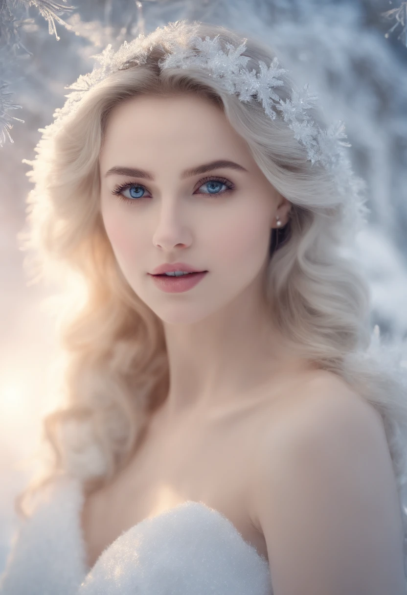 (best quality,4k,8k,highres,masterpiece:1.2),ultra-detailed,(realistic,photorealistic,photo-realistic:1.37),portrait,blue tones,soft lighting,icy texture,beautiful girl,sparkling eyes,winter atmosphere,snowflakes,frozen hair,ethereal beauty,white dress,delicate features,subtle smile,frosted eyelashes,crystal-clear skin,serene expression,rosy cheeks,mystical aura,subdued colors,feminine grace,wonderland backdrop,shimmering light,gentle breeze,elegant posture,unearthly charm,icy landscape,icy flowers,shimmering ice crystals,dreamlike winter scene,peaceful ambiance,cold elegance,serene eyes,delicate snowflake patterns. Nude