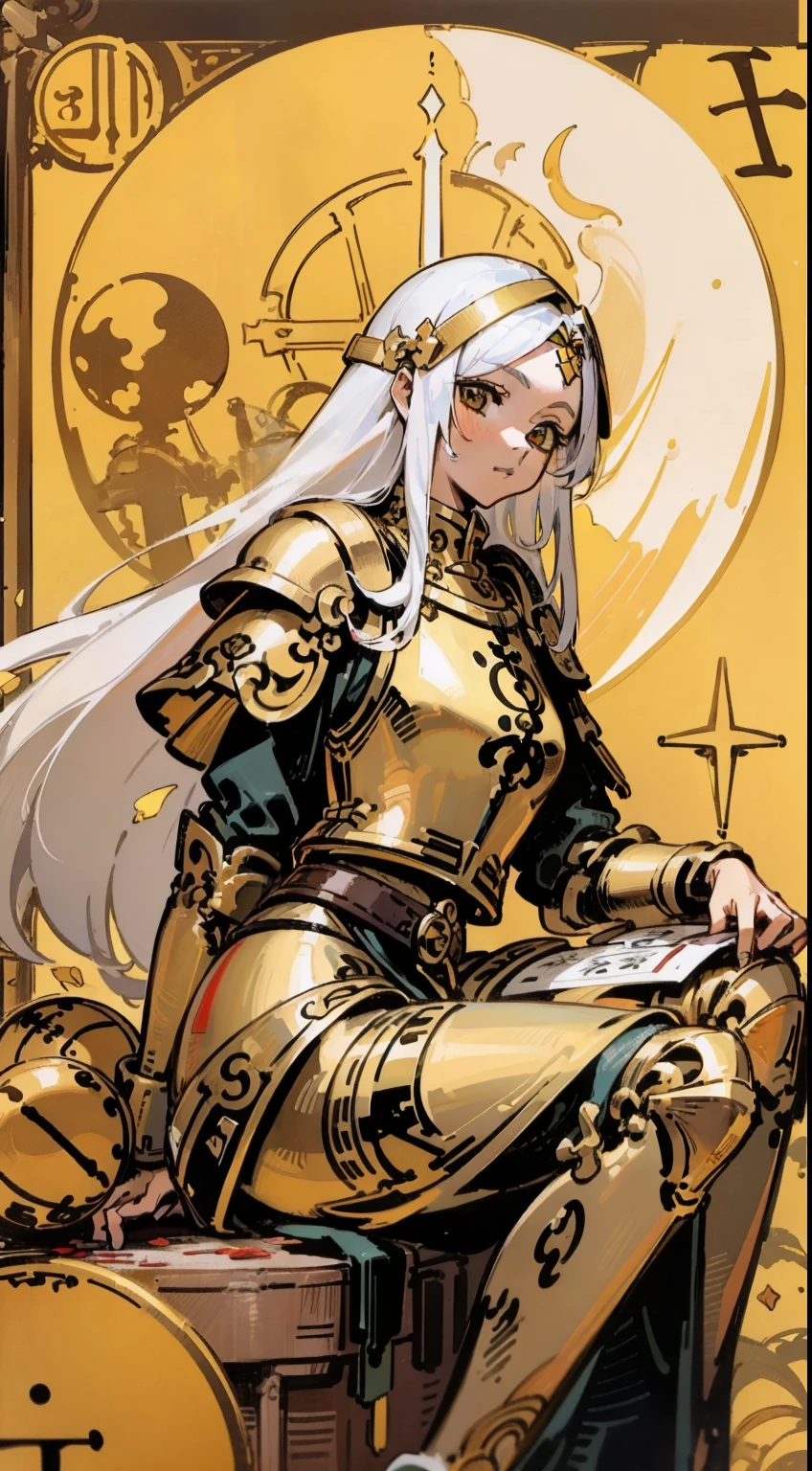 (Masterpiece, Best quality;1.3),(tarot cards:1.2), 1female,female-focus,long white hair, Young, Beautiful face, crusader, Gold armor barrel,Solo, view the viewer, calligraphy characters, symetrical composition, long shadow, cloody moon,blood splattere, Ultra detailed