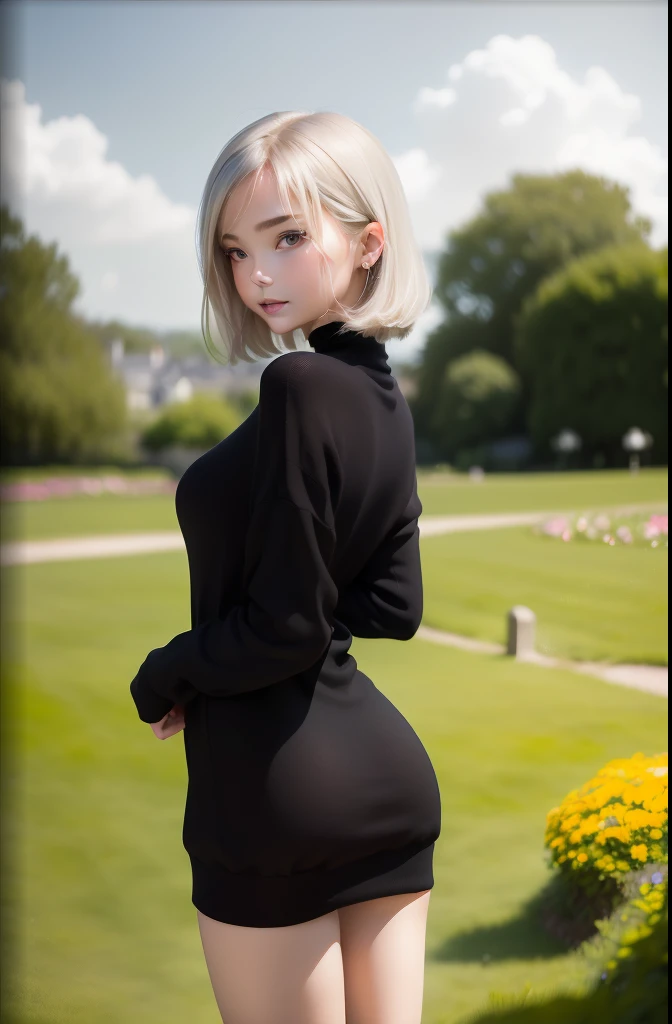 (((top-quality,8K,​masterpiece:1.3)),Crisp focus:1.2,Cute woman with perfect body shape:1.4,Highly detailed facial and skin texture,、Beautiful face taken beautifully and evenly:1.5、Full Body Angle、Scandinavian cute girl、sixteen years old、Small、Beautiful silky silver hair、a short bob、clear gray eyes、Long Knitwear、(Black XL Size Knitwear)、plein air、flower  field、rose garden、(((blurry backround:1.3)))