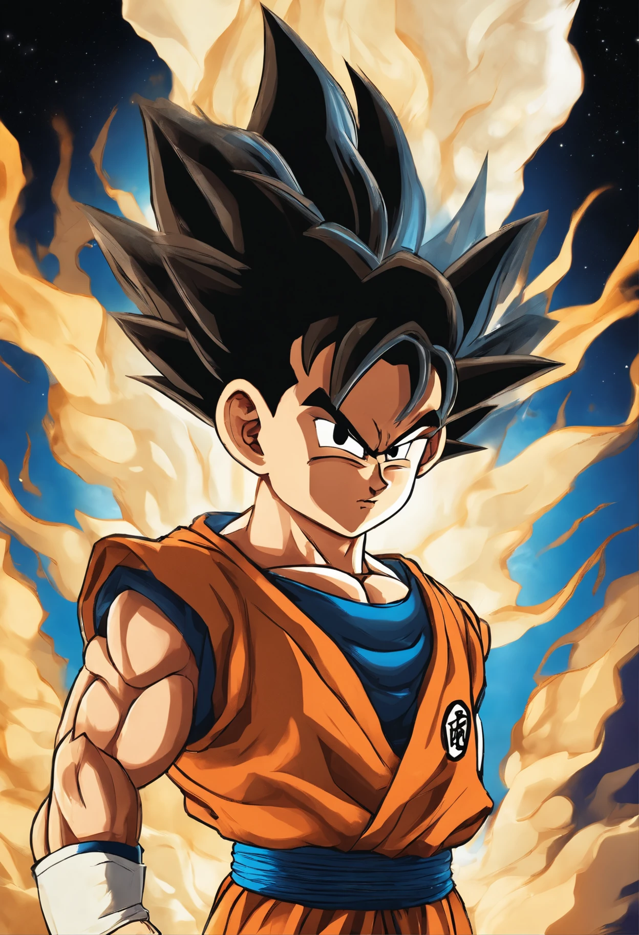 best quality,highres,(realistic:1.37),(portrait,anime),(vibrant colors:0.9),detailed,masterpiece:1.2,dragonball,Goten,spiky black hair,serious expression,confident stance,glowing aura,electric blue energy,white gi with blue belt,dragon logo,stylized clouds in the background,eyes filled with determination