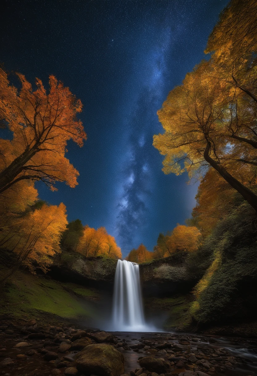 cielo estrellado con nubes azules una cascada y en un bosque