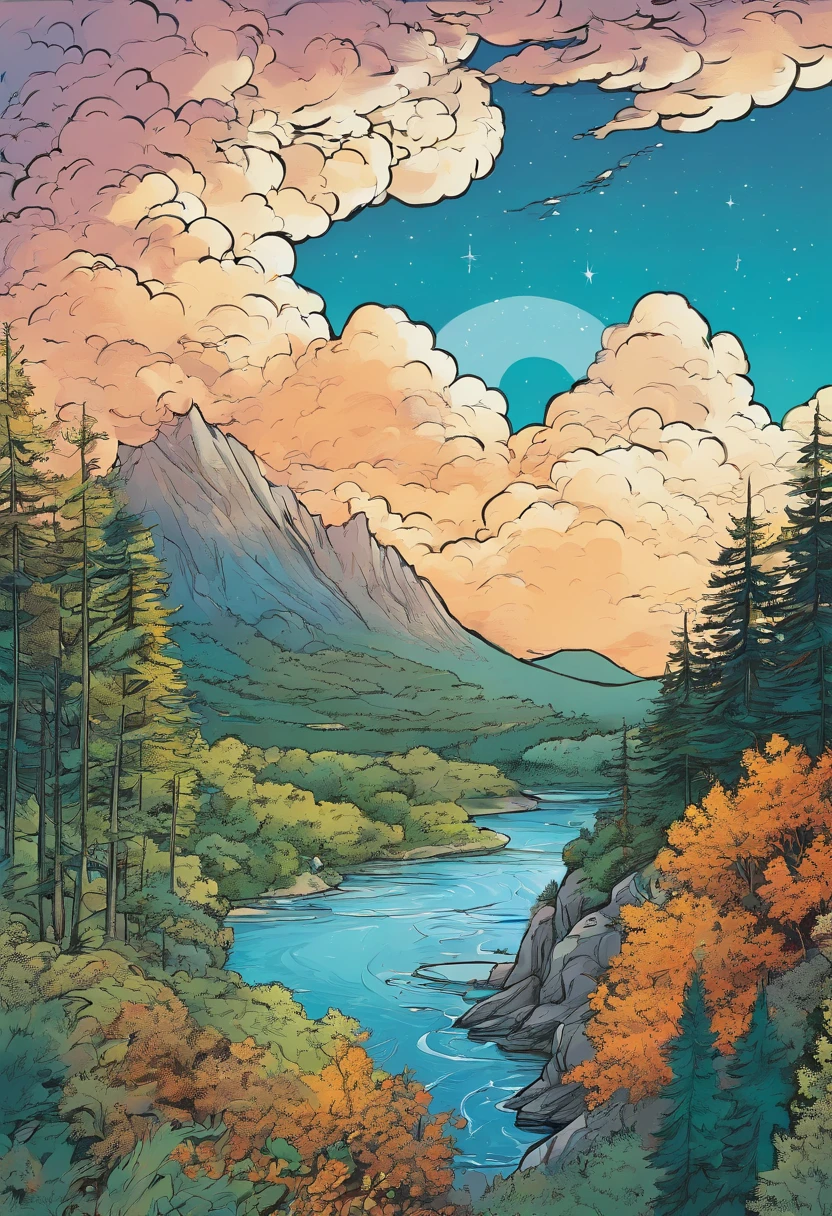 cielo estrellado con nubes azules una cascada y en un bosque
