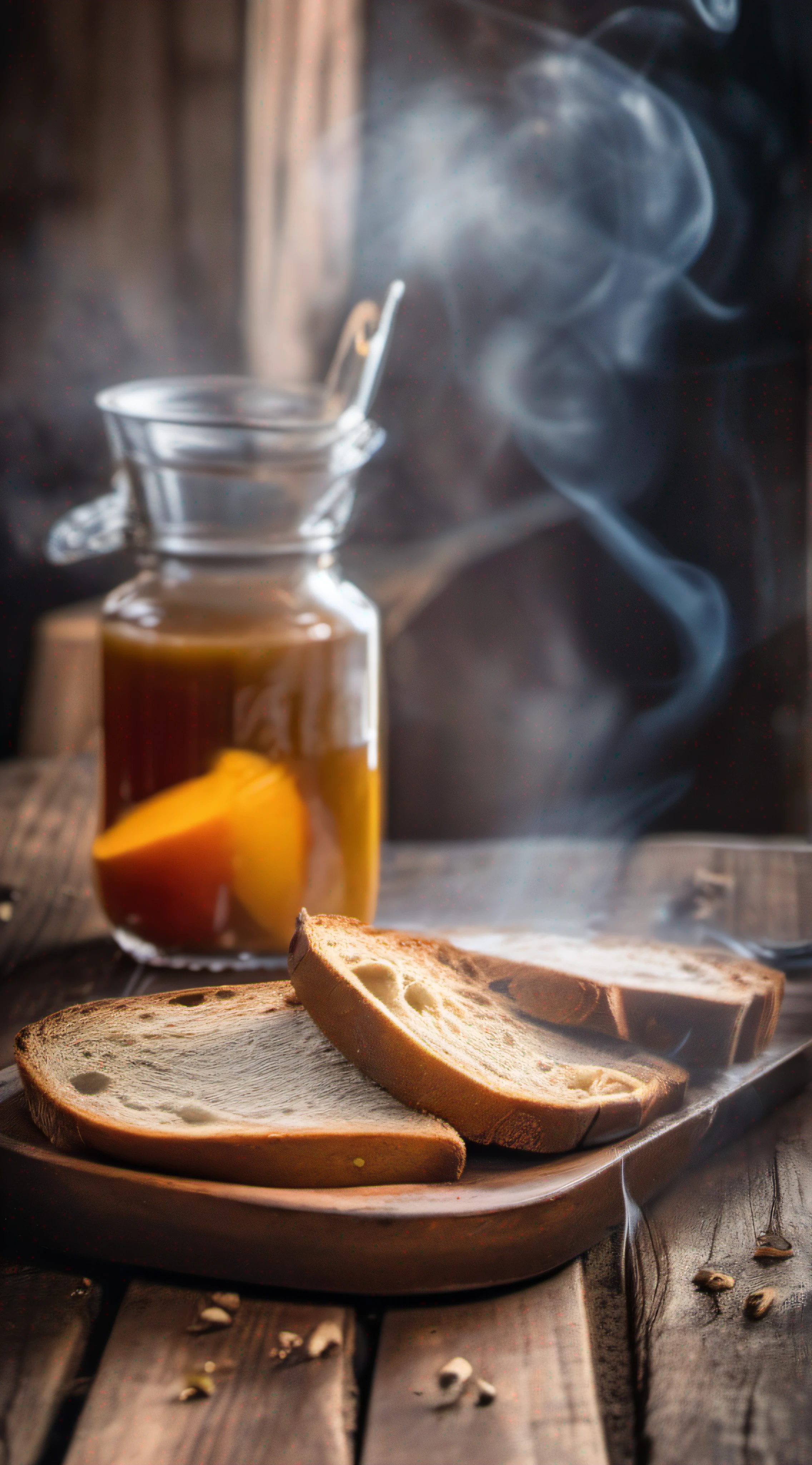 juicy broken bread, Coming out smoke on beautiful rustic wooden table with a delicious ultra detailed breakfast, Photo Realísitco, foto promocional, hdr, adobe lightroom