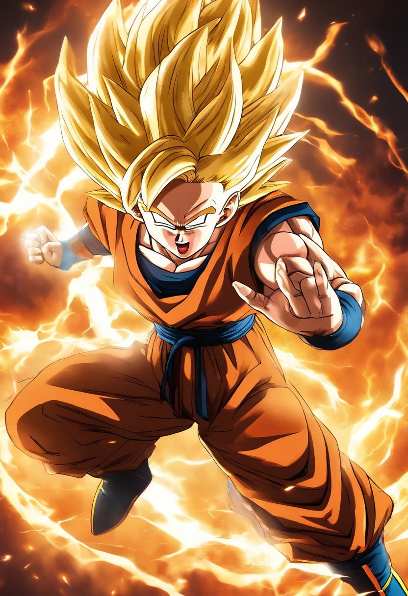 (best quality,4k,8k,Altas,master part:1.2),ultra-detalhado,(Realistic,fotorrealista,photo-realistic:1.37),adolescente Goten com olhos e rosto detalhados,Dragon Ball Super Estilo,energetic pose,voador,Aura flamejante,ataques de energia de fogo,Scenic background with beautiful landscapes,colorido e vibrante,Studio Lighting,Dragon Ball inspirado,action-packed,Comic book style,shiny metallic dragon balls,heroic and determined expression,cores suaves e vibrantes.