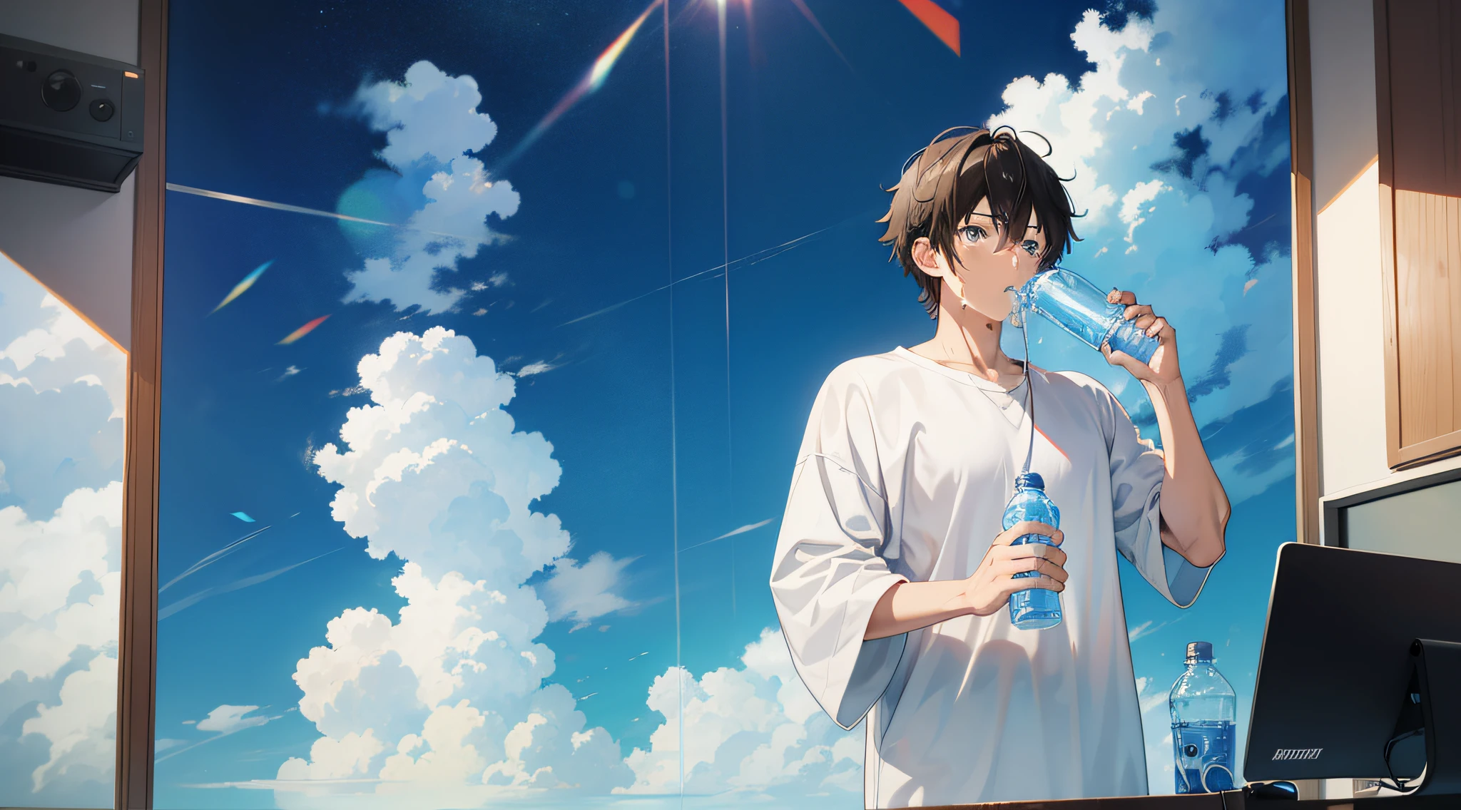 anime man drinking water from Water bottle , inside his gaming room ,super thirsty , throw water directly to his mouth ,upper view , drink while standing