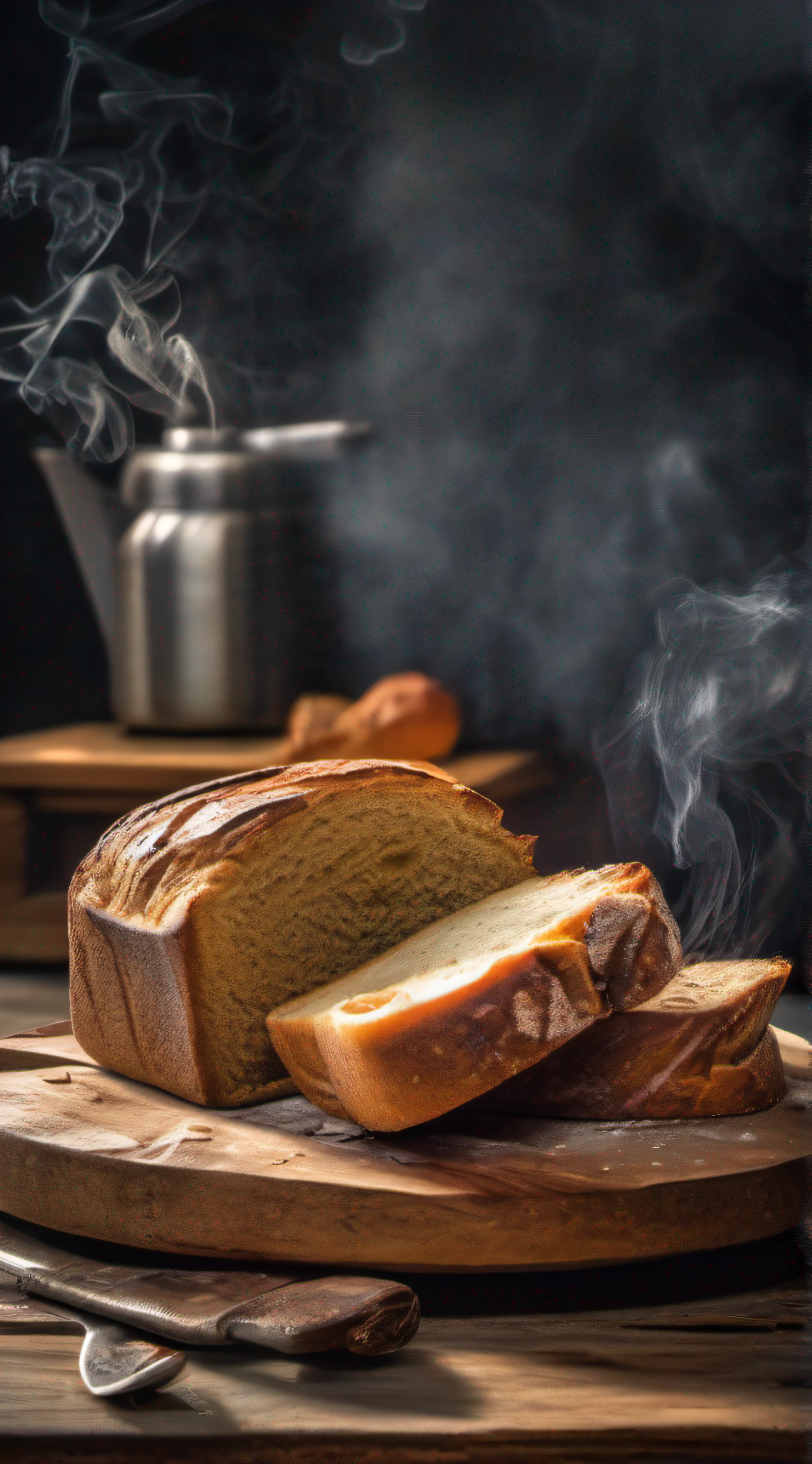 juicy broken bread, Coming out smoke on beautiful rustic wooden table with a delicious ultra detailed breakfast, Photo Realísitco, foto promocional, hdr, adobe lightroom