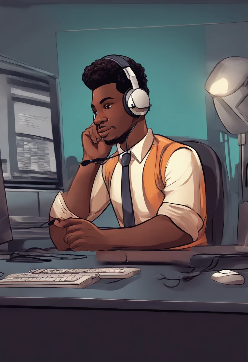 Um jovem negro de cabelos cacheados no com auriculares de trabalho quarto trabalhando como operador de call center atendendo um cliente (Cartoon)