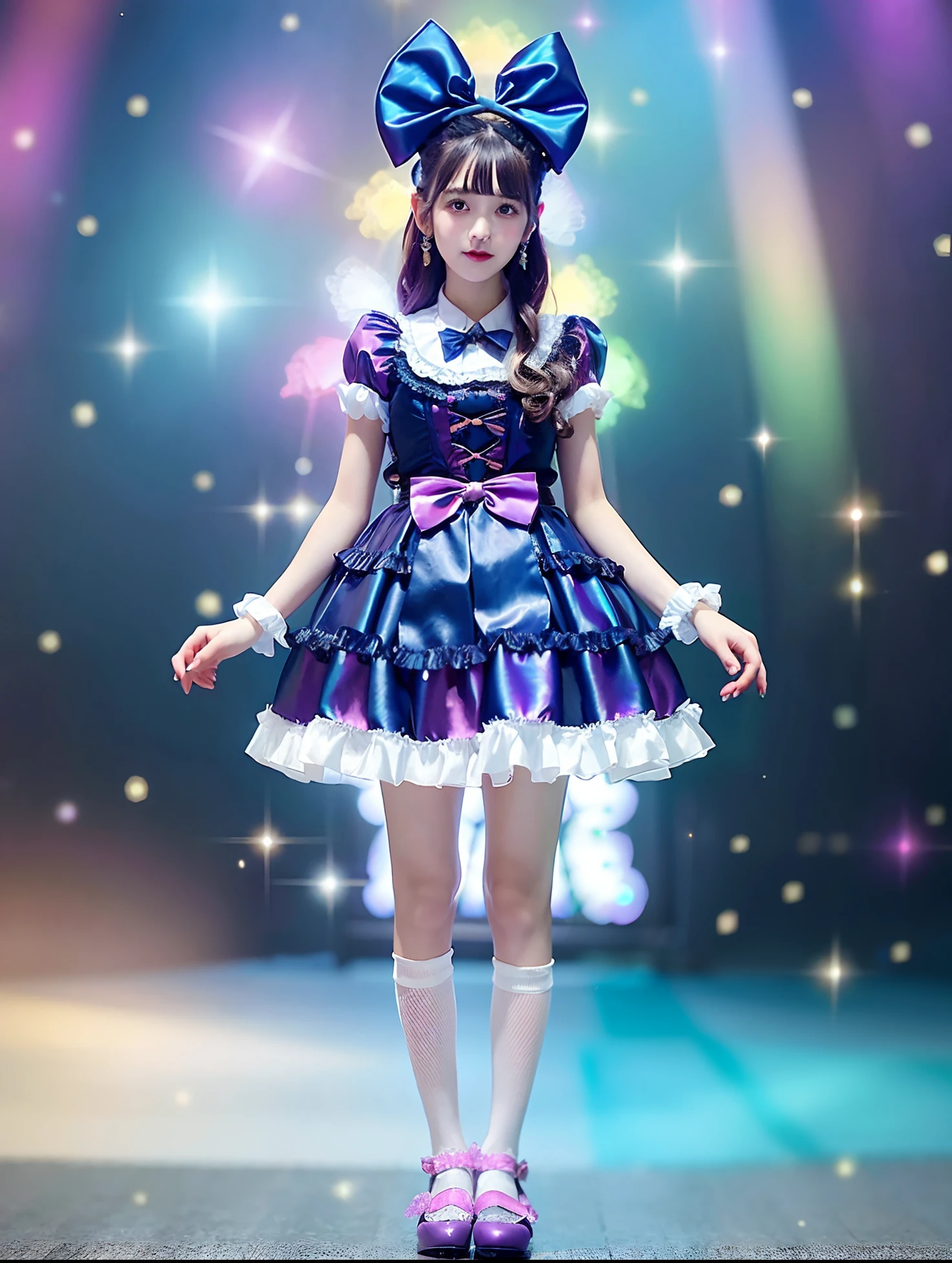 Alafe girl in iridescent satin dress and bow tie, rococo ruffles dress, angelic pretty, frilly outfit, rococo dress, high quality costume, ta style, style of magical girl, Loliashion, fantasy outfit, Belle Delphine, fantasy dress, Rainbow accent costume, Ice Rainbow Dresses, maid dress, loli in s