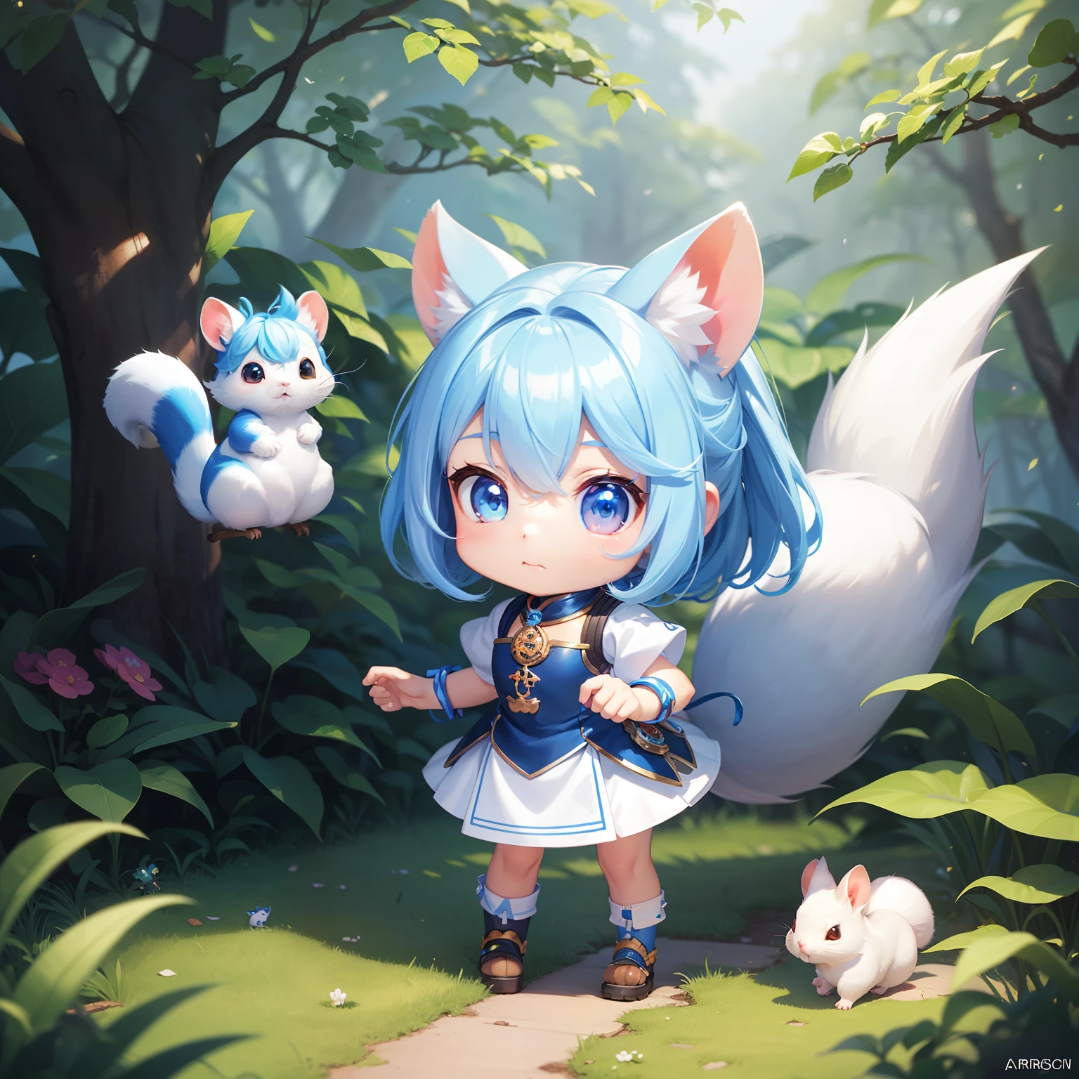 There is a small white squirrel with an acorn in his hand,  Chibichara　A cute girl with blue hair is also with me。It is a cute white and blue costume。Dark eyes。cute forest creature, Adorable Digital Painting, cute detailed digital art, the squirrel king, Cute digital art, cute cartoon characters, cute character, CuteCreatures, Cutie, official illustrations, Official art, squirrel, maplestory mouse, astri lohne,  cute 3d render