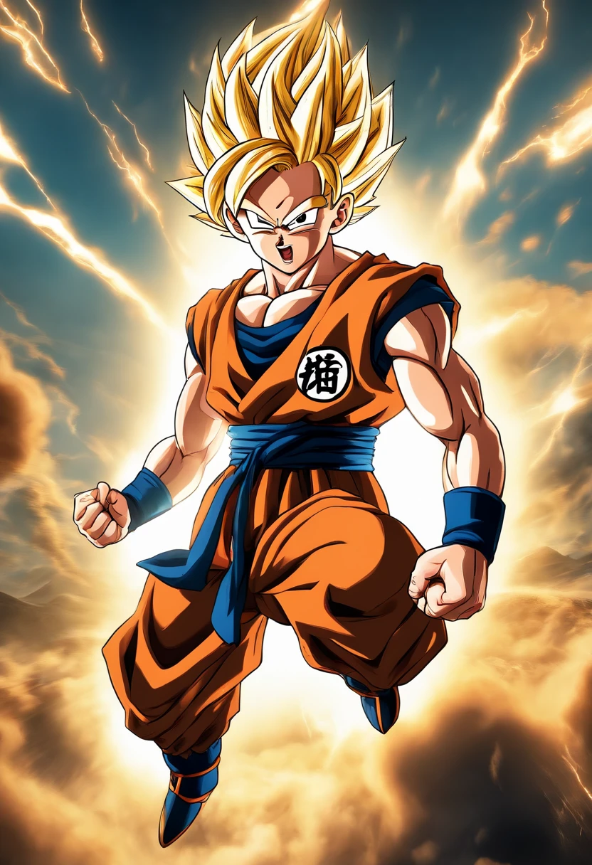 (best quality,4k,8k,Alto,master part:1.2),ultra-detalhado,(Realistic,fotorrealista,photo-realistic:1.37),adolescente Goten com olhos e rosto detalhados,Dragon Ball Super Estilo,energetic pose,voador,Aura flamejante,ataques de energia de fogo,Scenic background with beautiful landscapes,colorido e vibrante,studio lighting,Dragon Ball inspirado,action-packed,Comic book style,shiny metallic dragon balls,heroic and determined expression,cores suaves e vibrantes.