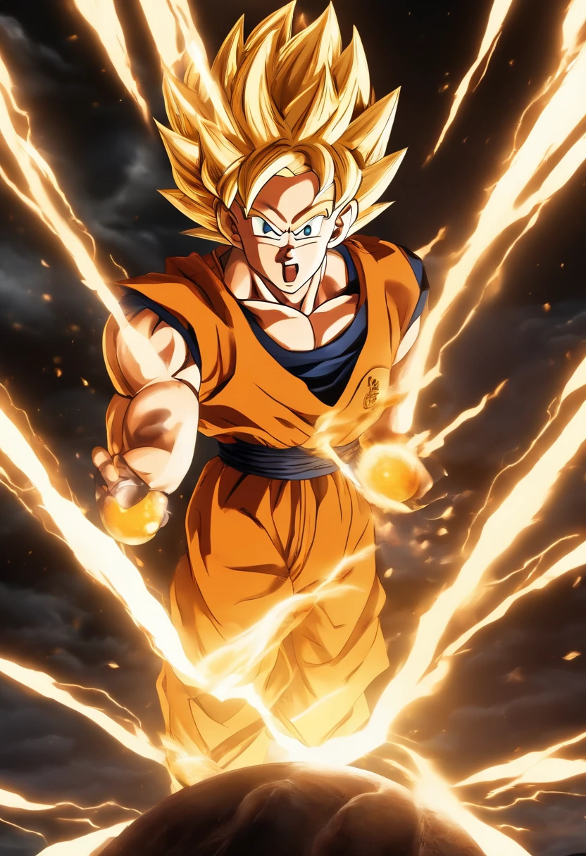 (best quality,4k,8k,Alto,master part:1.2),ultra-detalhado,(Realistic,fotorrealista,photo-realistic:1.37),adolescente Goten com olhos e rosto detalhados,Dragon Ball Super Estilo,energetic pose,voador,Aura flamejante,ataques de energia de fogo,Scenic background with beautiful landscapes,colorido e vibrante,studio lighting,Dragon Ball inspirado,action-packed,Comic book style,shiny metallic dragon balls,heroic and determined expression,cores suaves e vibrantes.