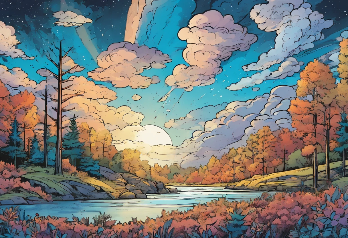 cielo estrellado con nubes azules una cascada y en un bosque