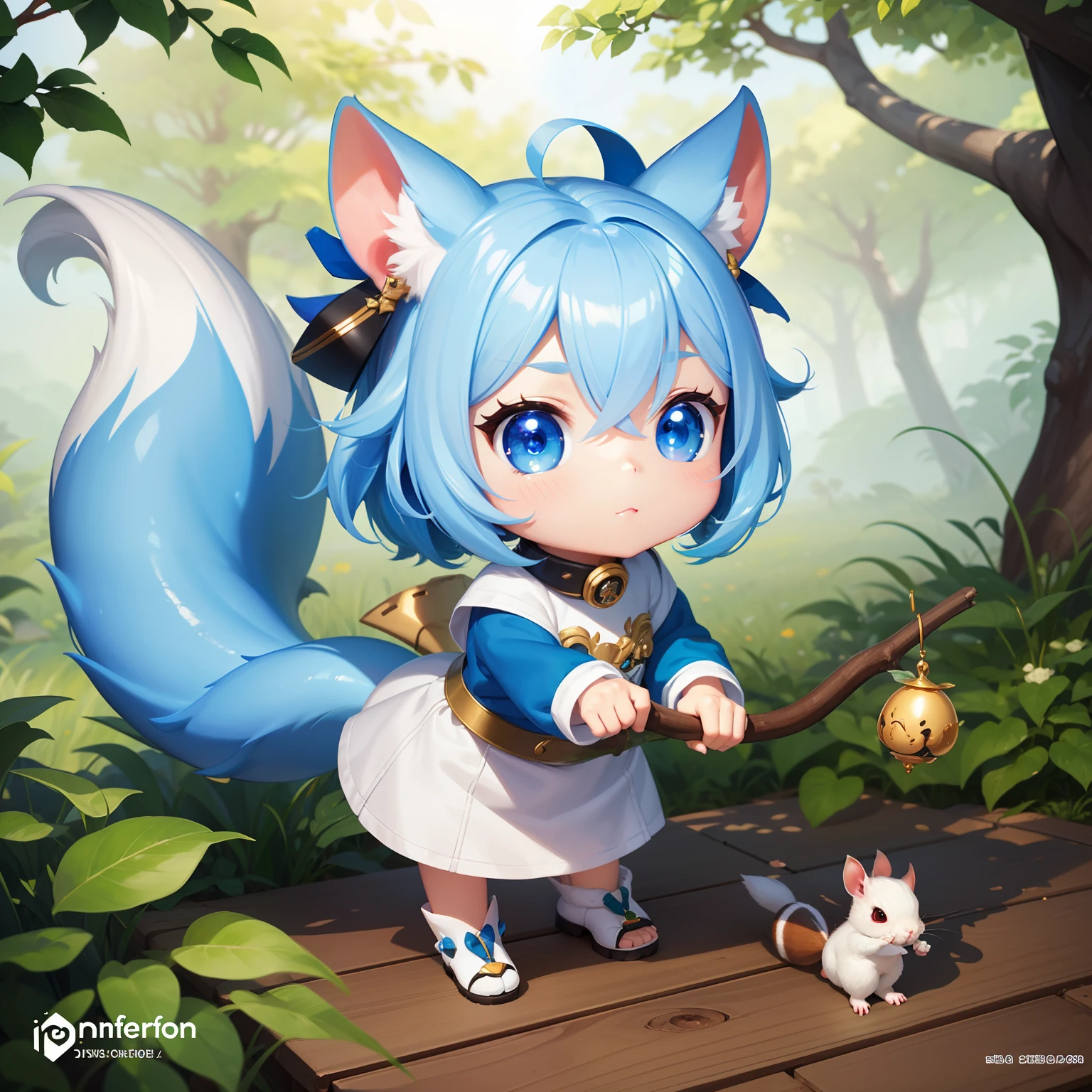 There is a small white squirrel with an acorn in his hand, Chibichara A cute girl with blue hair is also with me。It is a cute white and blue costume。Dark eyes。cute forest creature, Adorable Digital Painting, cute detailed digital art, the squirrel king, Cute digital art, cute cartoon characters, cute character, CuteCreatures, Cutie, official illustrations, Official art, squirrel, maplestory mouse, astri lohne, cute 3d render