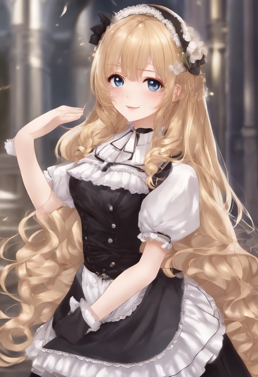 18 year old beautiful girl, big eyes, large breasts, petite and slender, 8K, top quality, (very detailed head: 1.0), (very detailed face: 1.0), (very detailed hair: 1.0), maid clothes, very detailed official artwork, anime moe art style, clean detailed anime art, smile, golden hair, smooth long hair
