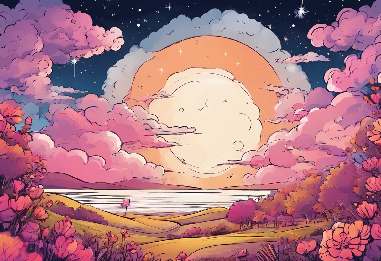 cielo hermoso y estrellado con nubes rosados y morados