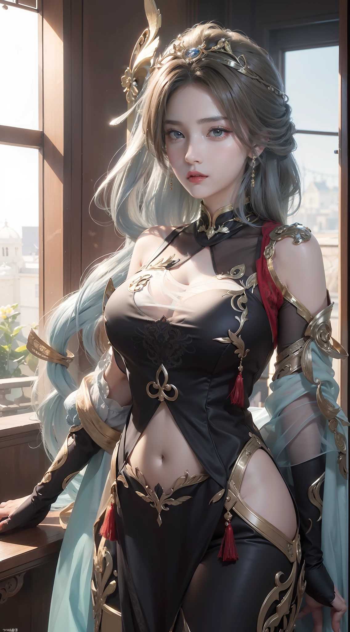 tmasterpiece，Best picture quality，HD 8K wallpaper，Beautiful picture，Elegant single woman，Round dress，Shiny eyes，Detail at its best，An exquisite masterpiece，Pure beauty and lightness，Moderately aesthetic，Gentle and elegant，Attention to detail，Reddish brown lace round dress，Immortal，huge tit，sitted，Full body capture，