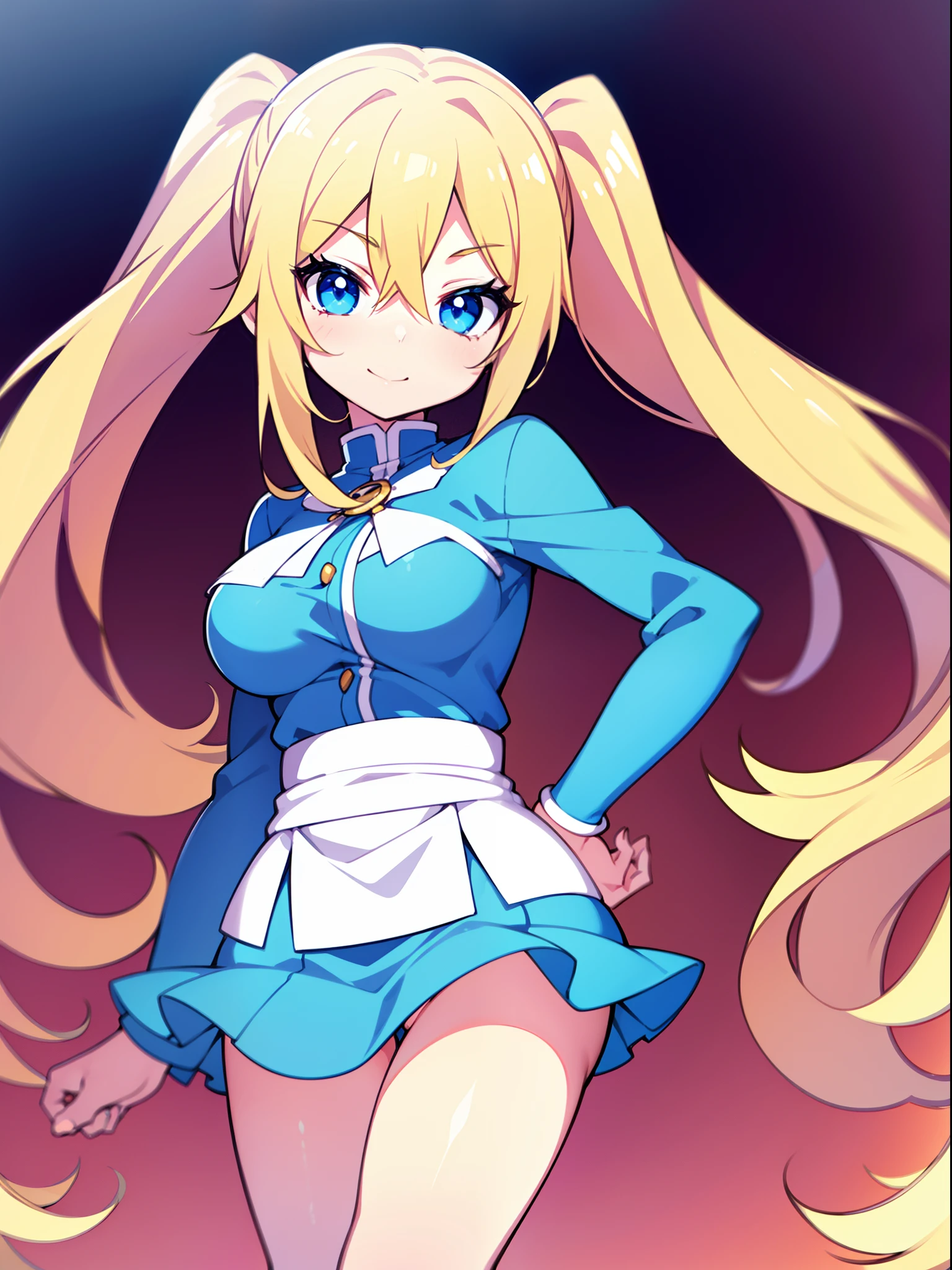 Anime girl with long blonde hair and sky blue top, blonde anime girl with long hair, Lush Twintails, Long Hair Anime Girl, anime moe artstyle, oc commission, twintails, small curvy loli (Large elastic natural breasts), (anime girl), ecchi anime style (21+), digital art on pixiv, high quality anime artstyle, very extremely beautiful, Energetic, cheerful, Slender, showy, Sexy, big blue eyes, long eyelashes, An open look, Cute long-legged blonde ; Wide joyful smile; Large elastic natural breasts; The Hidden Exhibitionist, Always without underwear; An open look, A big smile, laughter, wrapped in a bath towel , Heroic pose; full-length photo, Anatomically realistic, As much detail as possible, high quality textures