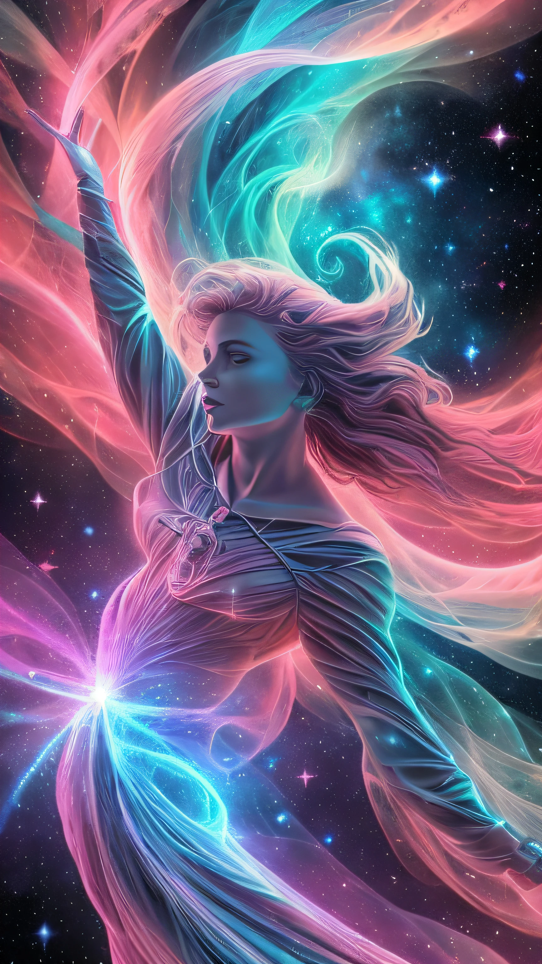 inconceivable and spectacular a scene of emergence of a figure from the glowing cloud, fractal nebula threads, cosmic entities, celestial, cosmic, vibrant and vivid, swirls, twirling, unrealistic, high contrast, symobolism, magical, mystical, mystifying, hyperrealistic, oversaturate, colorfully
