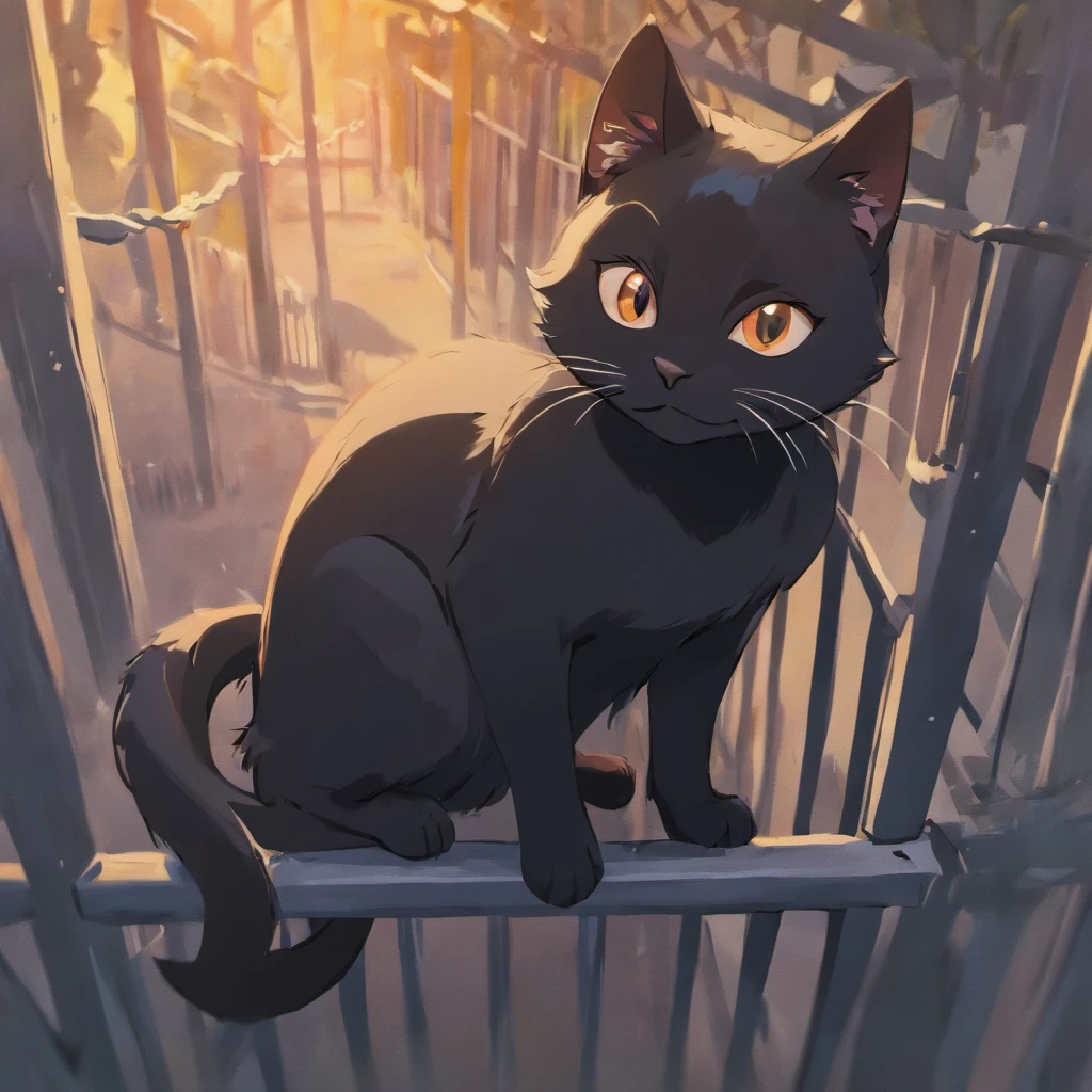 picture black cat illustration, stylized, stroke, solid colors, vector style, cartoon style, black cat lying on a fence, cat's tail raised, vibrant colors, --ar 9:16