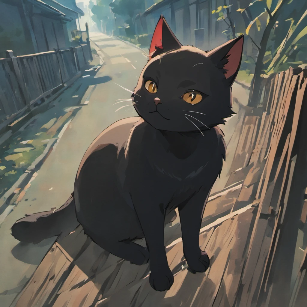 picture black cat illustration, stylized, stroke, solid colors, vector style, cartoon style, black cat lying on a fence, cat's tail raised, vibrant colors, --ar 9:16