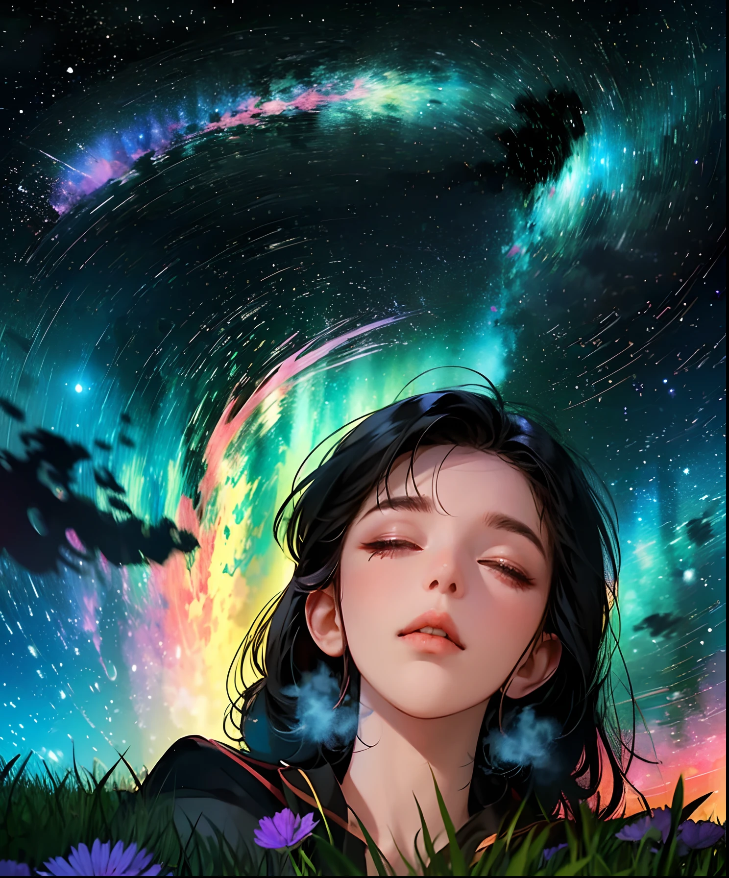 Describe a scene where a cute girl character is lying on a grassy hill, Looking up at the starry sky. Surround her with colorful nebulae and her favorite constellations.