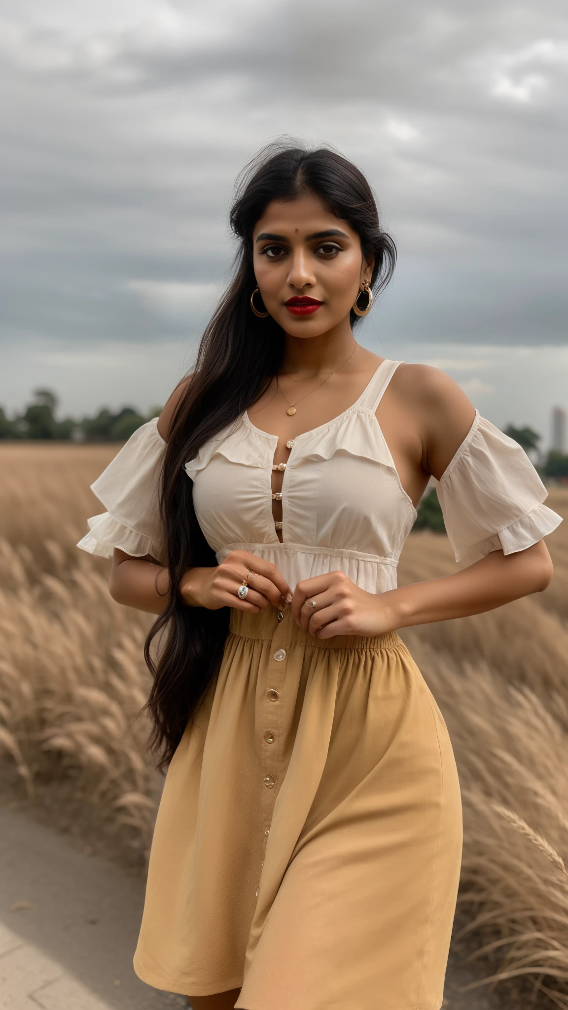 ((RAW, analog style)), face, extremely detailed full body color photo of a 25 y.o girl, beautiful face, beautiful eyes, ((small nose)), big natural lips, ((fabric frock yellow)), small breasts, hourglass shape body, outdoor street delhi ((film grain, skin details, high detailed skin texture, 8k hdr, dslr)), indian female model divya bharati, dark red lips, dark red lips, black color shorts, healthy body