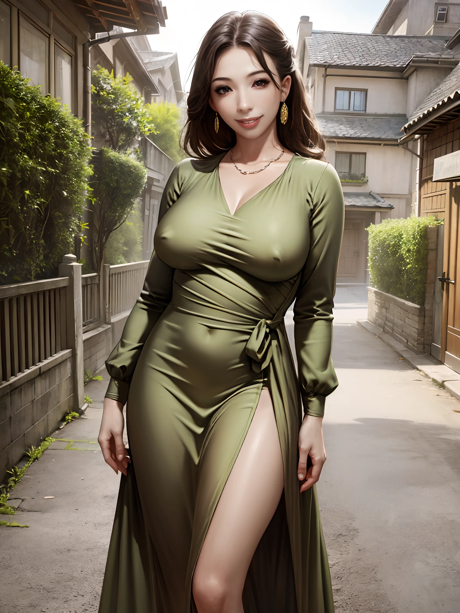(Masterpiece, photorealistic), 1 girl, 25 years old, huge breast, smile, wrap dress, (longsleeve), long dress, outdoor, yard, house, blurry background, realistic, extremely detail, high resolution. --auto --s2