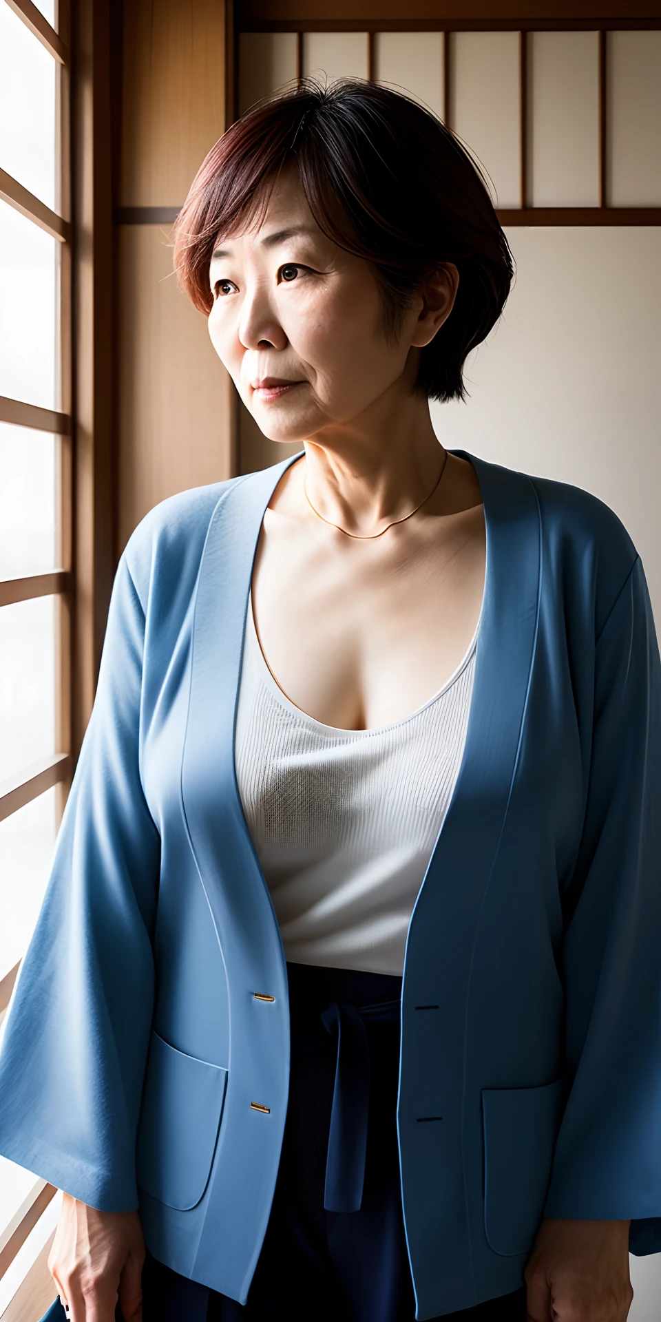 A 50-year-old Japanese woman, Wear low-cut clothing