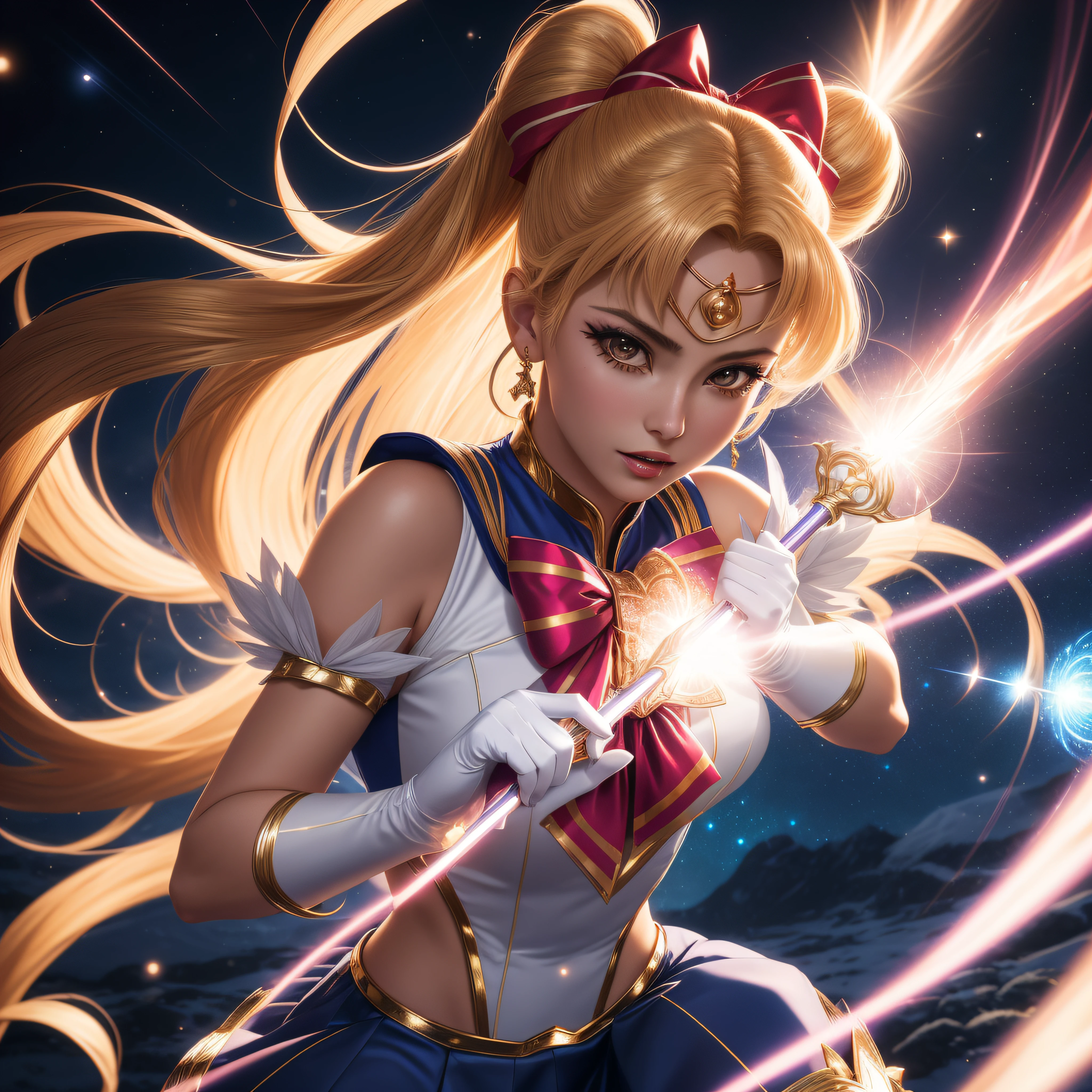 (absurdres, highres, ultra detailed, HDR), masterpiece, best quality, pastel colors, light colors, toei anime, bishoujo senshi sailor moon, pretty guardian sailor moon character doing her signature pose and holding brooch and staff, detailed character with detailed face, big eyes