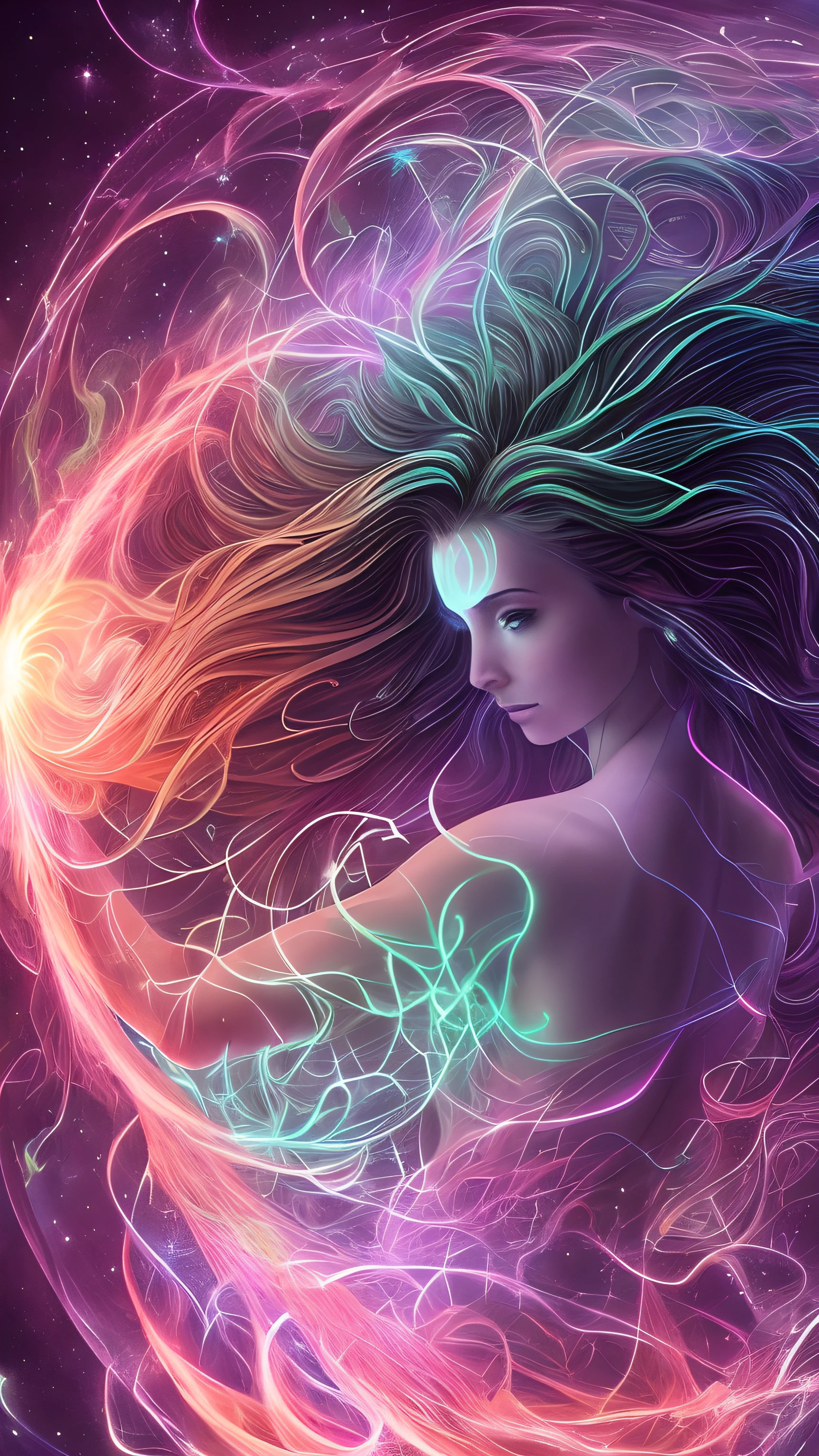 inconceivable and spectacular a scene of emergence of a figure from the glowing cloud, fractal nebula threads, cosmic entities, celestial, cosmic, vibrant and vivid, swirls, twirling, unrealistic, high contrast, symobolism, magical, mystical, mystifying, hyperrealistic, oversaturate, colorfully, Body surrounded by electricity, hair with electricity, hair with static, electric aura, electricity running through the body