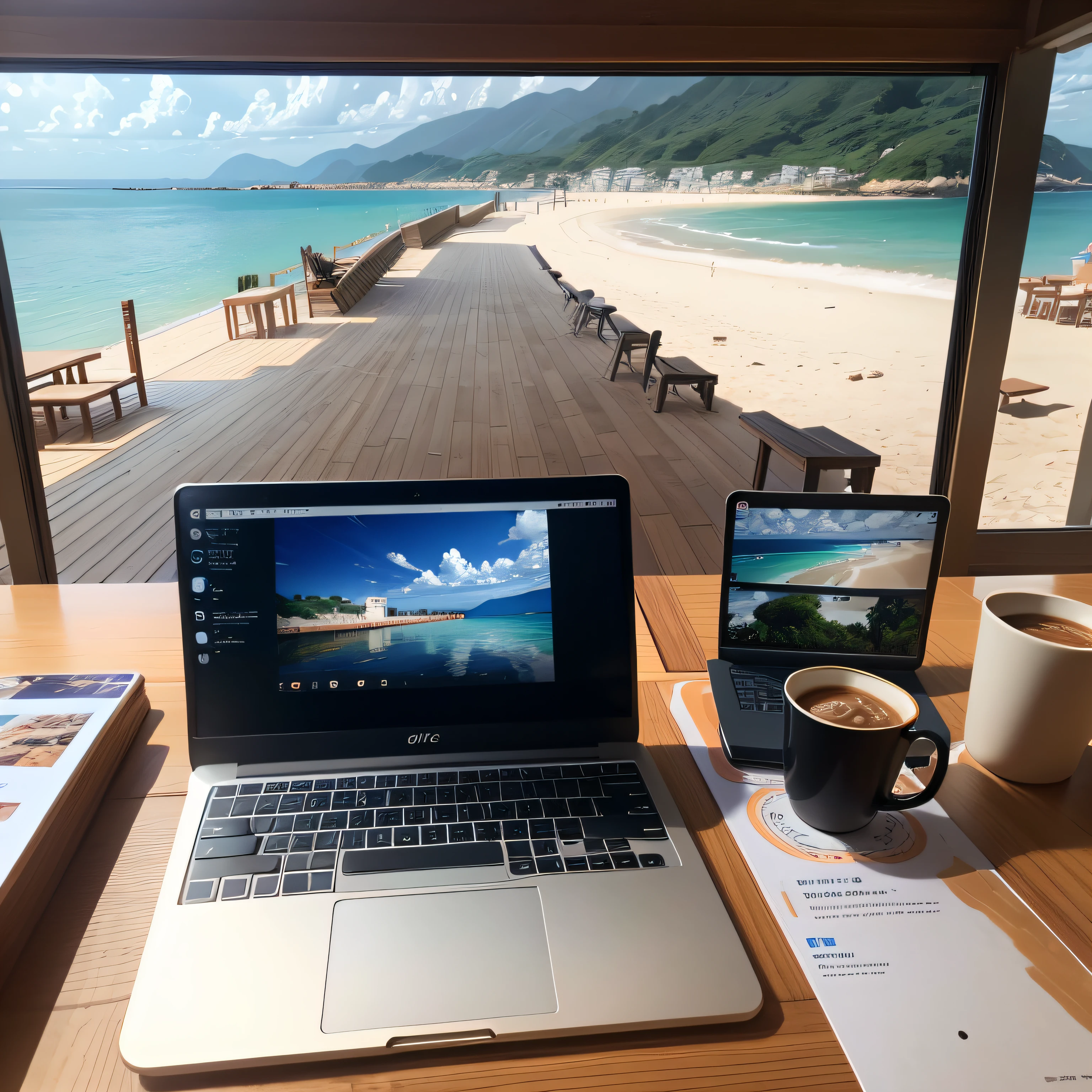 Uncle、Note PC、In a café by the sea、Video Editing、landscapes、illustratio --auto