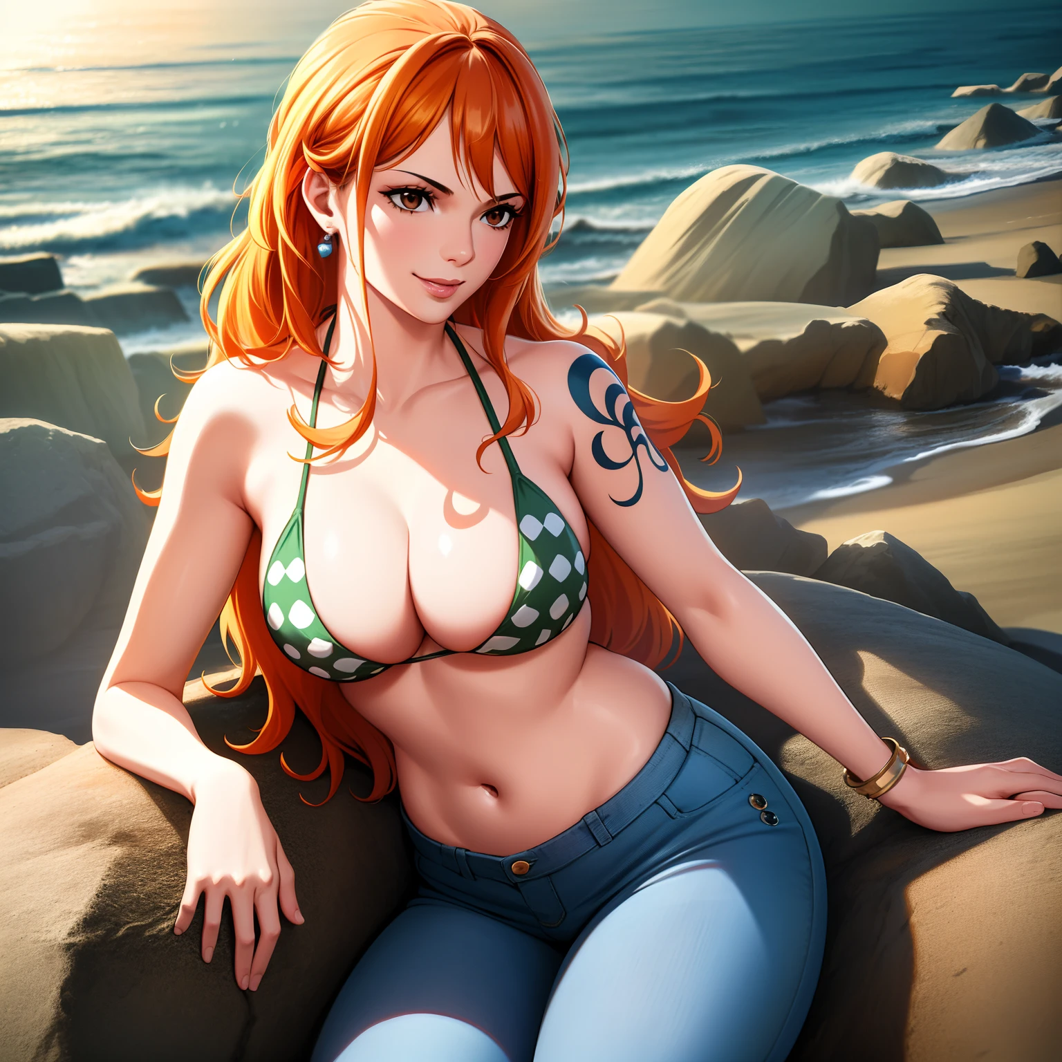 ultra realistic 8k cg, masterpiece, full body portrait, tough looking face, ((ultra detailed background, delicate pattern, intricate detail)), (highly detailed, fine details), best quality, (photorealistic:1.4),beautiful lighting, absurdres, RAW photo, film grain, ((medium breasts, slim girl)), NamiV2, 1girl, orange hair, solo, long hair, jewelry, ((medium breasts, slim girl, bikini top only, jeans, left shoulder tattoo)), brown eyes, smile, earrings, cleavage, bracelet, collarbone, navel, (complex detailed background, outside, beach environment, sunny, nature),