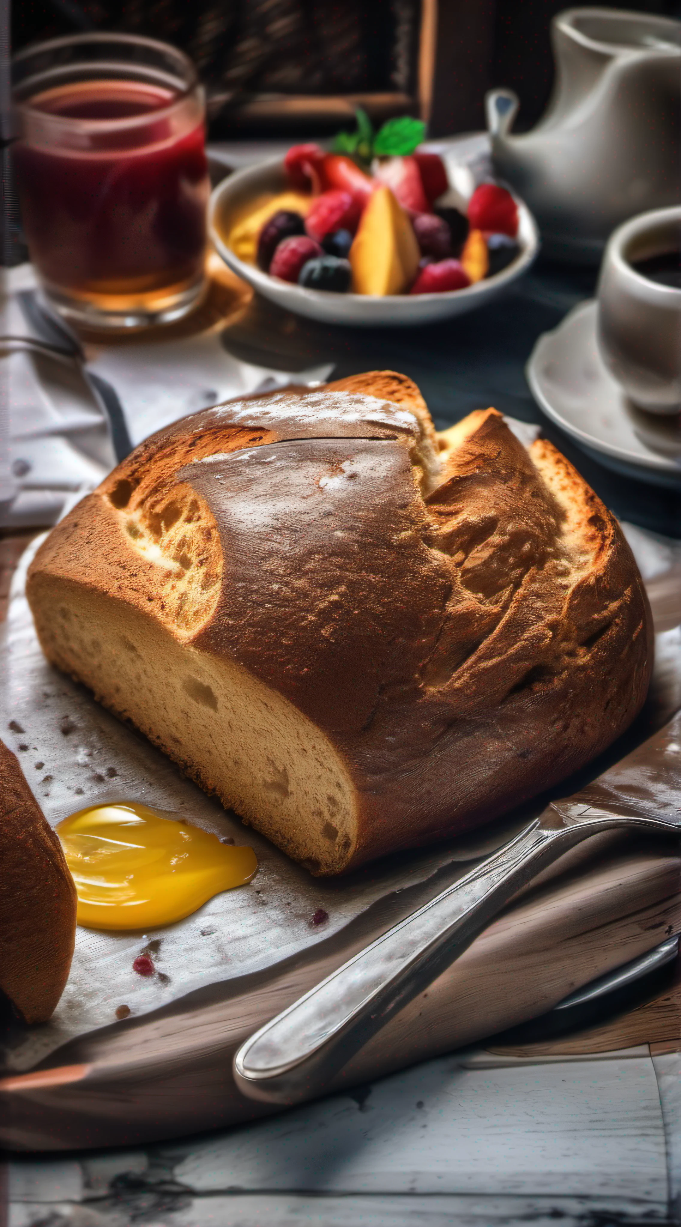 juicy broken bread, Coming out smoke on beautiful ultra detailed breakfast table, Photo Realísitco, foto promocional, hdr, adobe lightroom