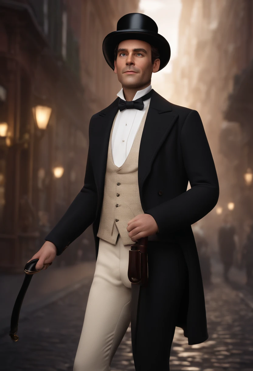 /imagine https://biografiaresumida.com.br/wp-content/uploads/2018/05/Bar%C3%A3o-de-Mau%C3%A1.jpg.webp man in top hat, businessman in black suit holding cane, 37 years old, serious expression, tall, in black pants and black patent dress shoes, 19th century man, white shirts, realistic avatar, full body pixar style, disnei style, realistic, 3d