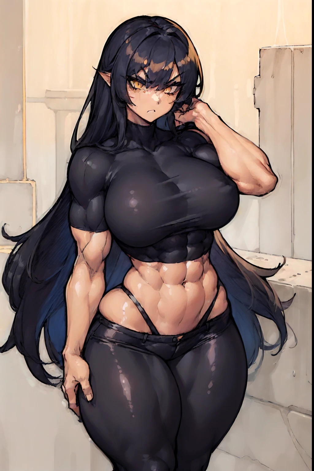 ((((((1 girl)))))), solo, black, hair, extremely long hair, yellow eyes, angry, ((((large breasts)))), ((((thick thighs)))), (curvy), (wide hips), (((((muscular))))), toned body, (tight shirt), (tight pants), navel, abs, (concrete)