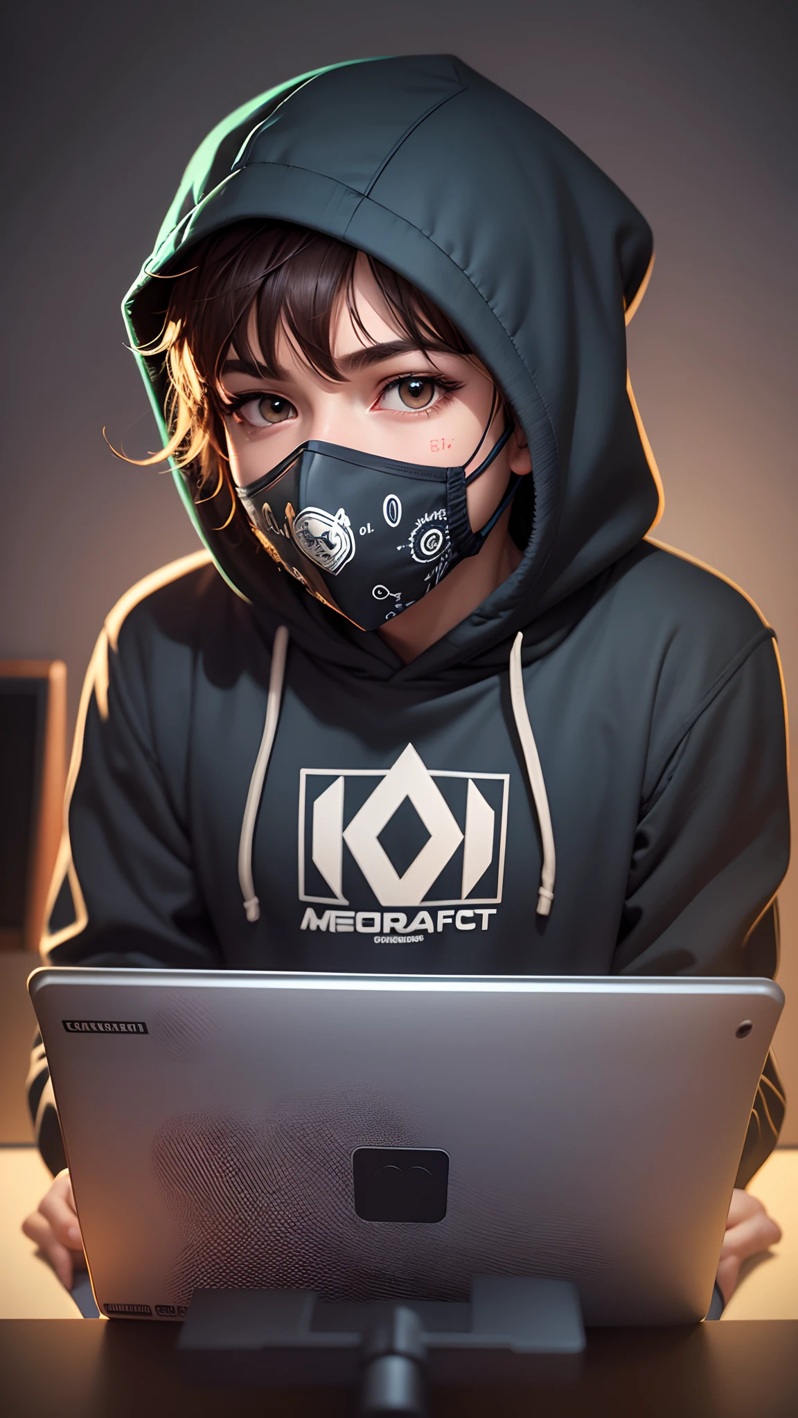 Portrait, high angle, detailed illustration of a light skinned boy wearing a hoodie, his face covered with a mask,sitting in his nicely setup apartment, laptop placed in front of him, soft lighting, dark cinematic background, Minecraft posters on wall, sharp focus, sitting, black hoodie, 2D, character illustration, lo-fi style, studio Ghibli style, vector art, fantasy art, Adobe illustrator, hand-painted, digital painting, low polygon, 8k resolution, using cinema 4D, using clip studio paintpaint, --auto --s2