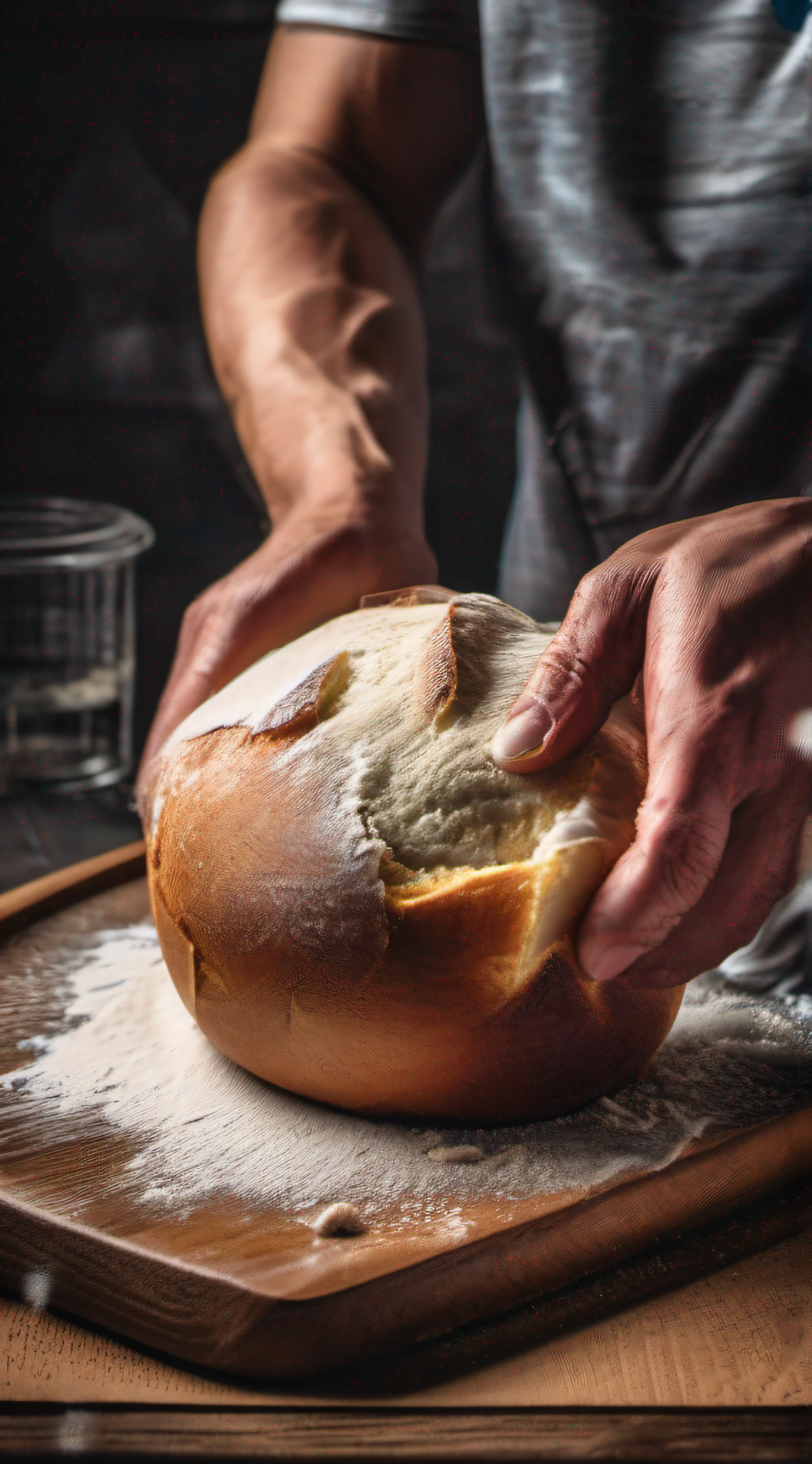 Male hands soaking a dough of bread, texturas super detalhadas, foto promocional, hdr, adobe lightroom