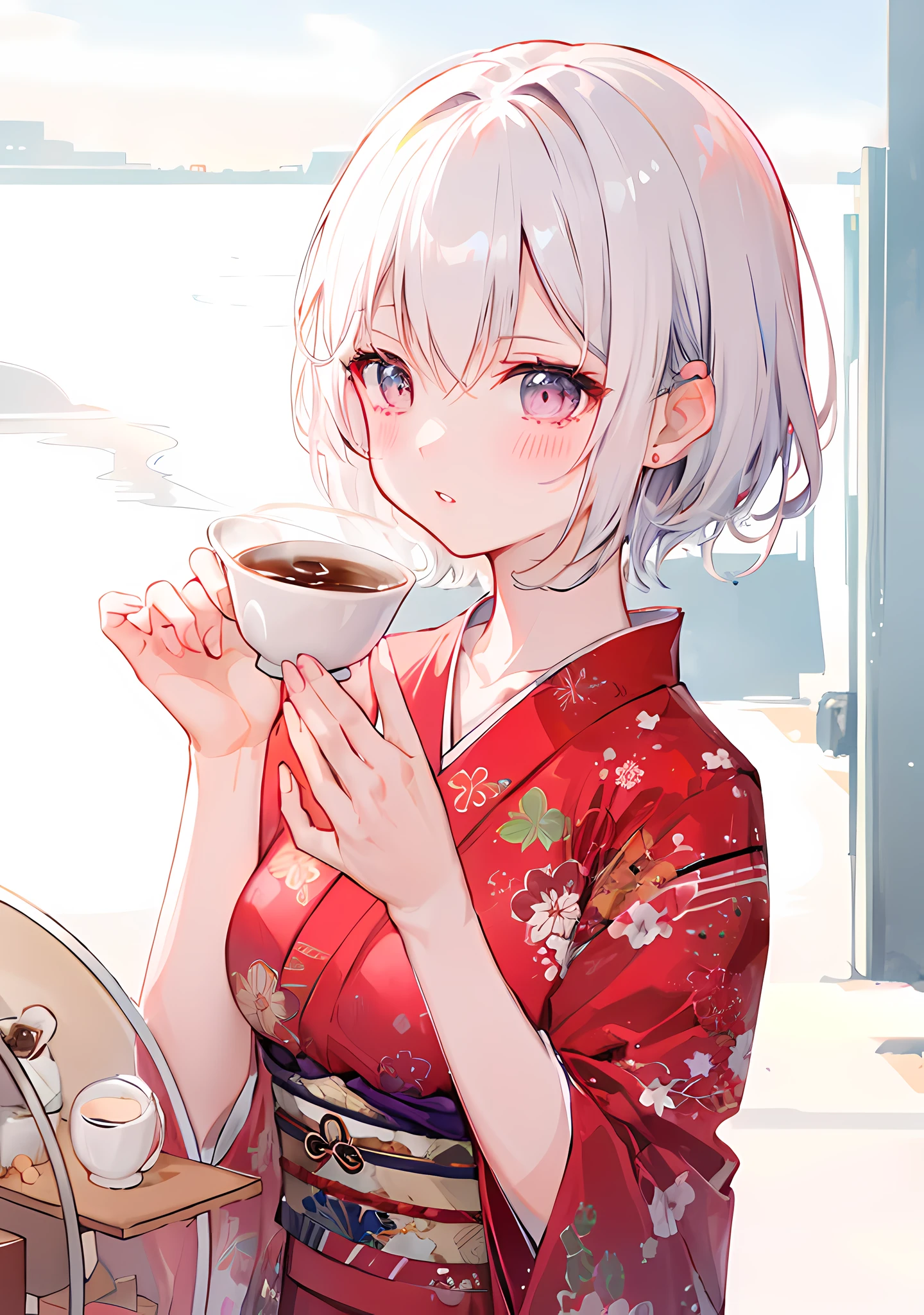 dual hair color, high quality,  cinematic lighting, anime girl, short hair, bangs, parted lips, blush, outdoor, park, coffee, medium breast, kimono outfit,